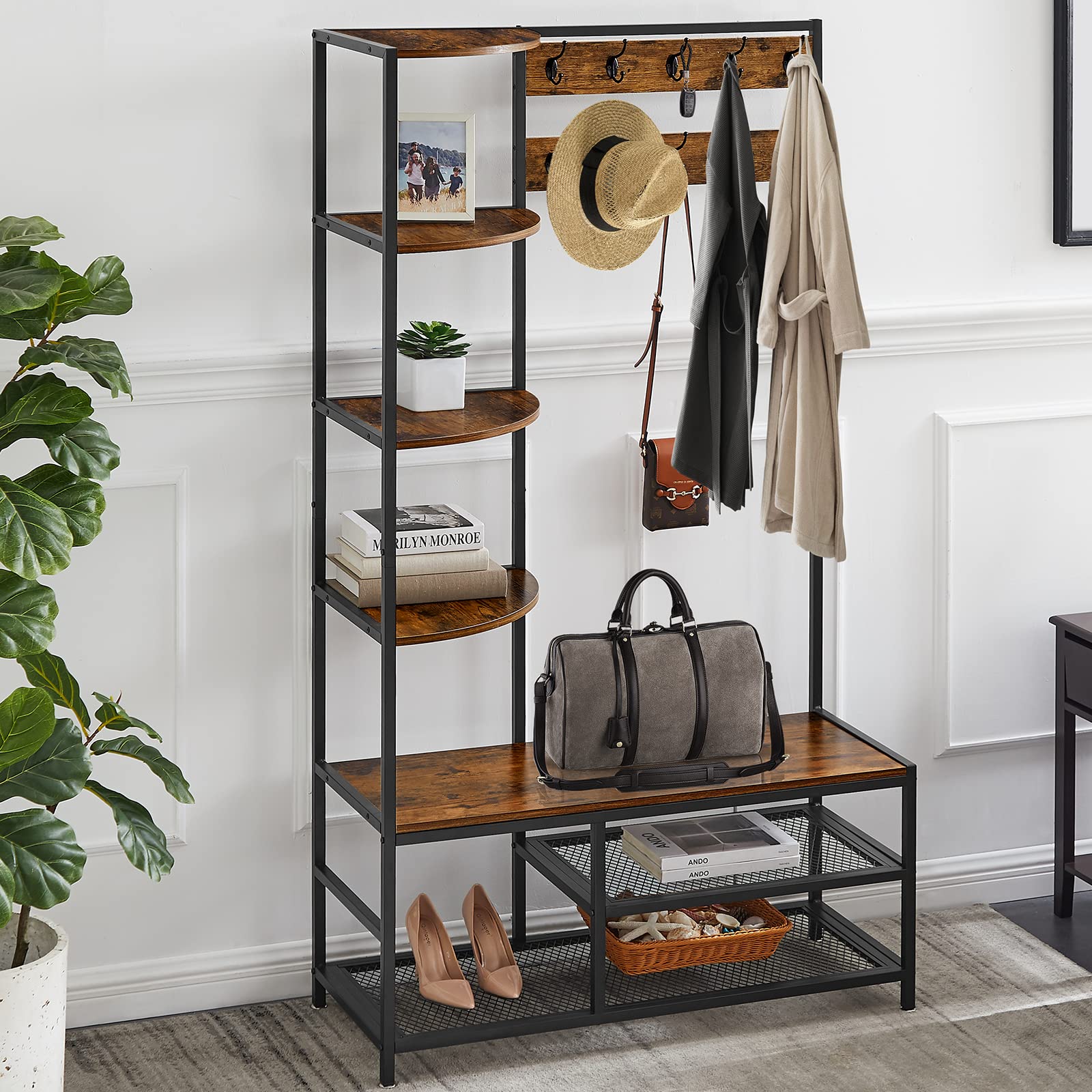4-in-1 Hall Tree with Bench, Shoe Storage & Coat Rack - Rustic Brown Farmhouse Entryway Organizer for Coats, Shoes & Bags - Perfect for Mudrooms, Hallways & Small Spaces