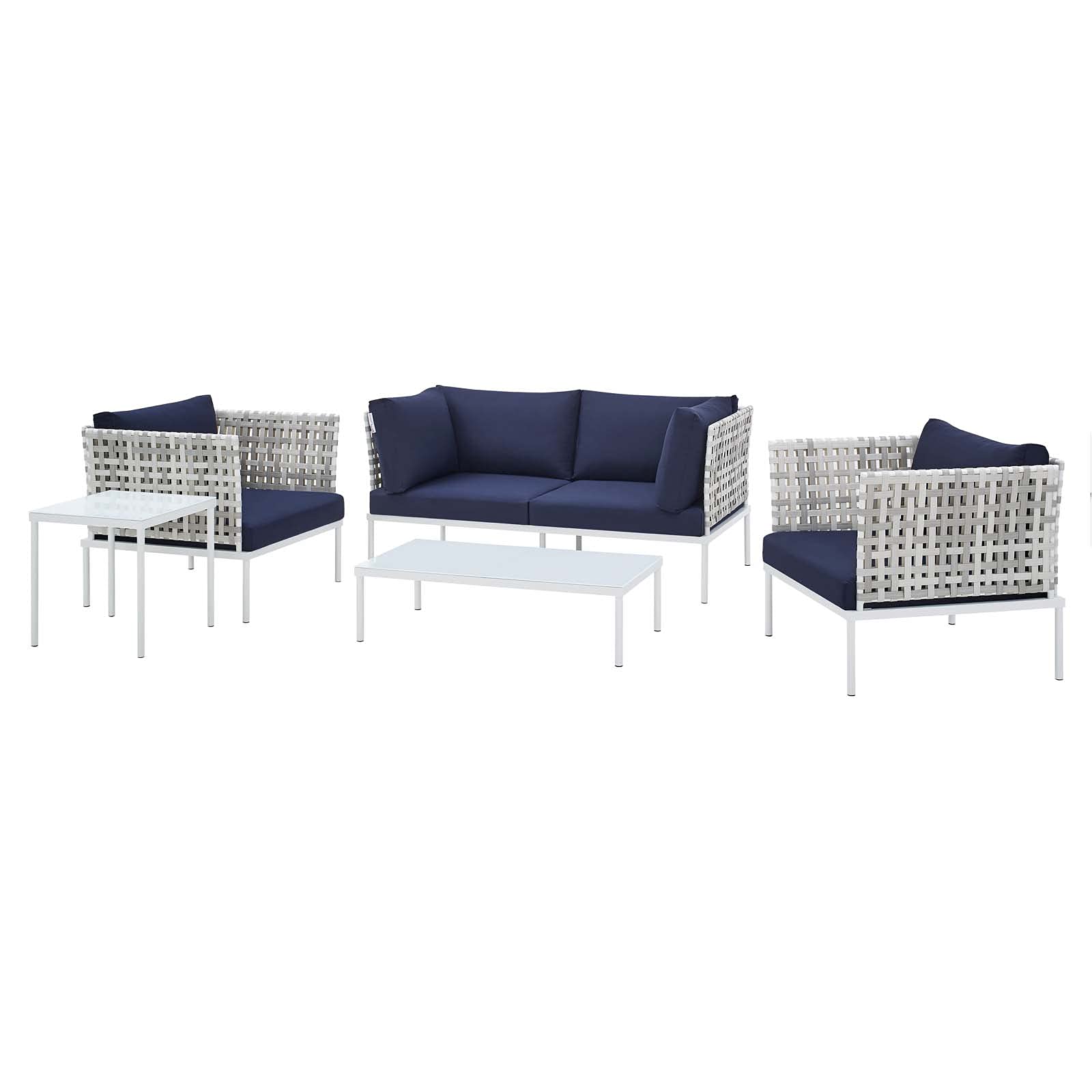 Modern Navy Blue Aluminum Lounge Sectional Sofa Set with Chair & Table - Outdoor Patio, Garden, Cafe & Poolside Furniture for Relaxing & Entertaining
