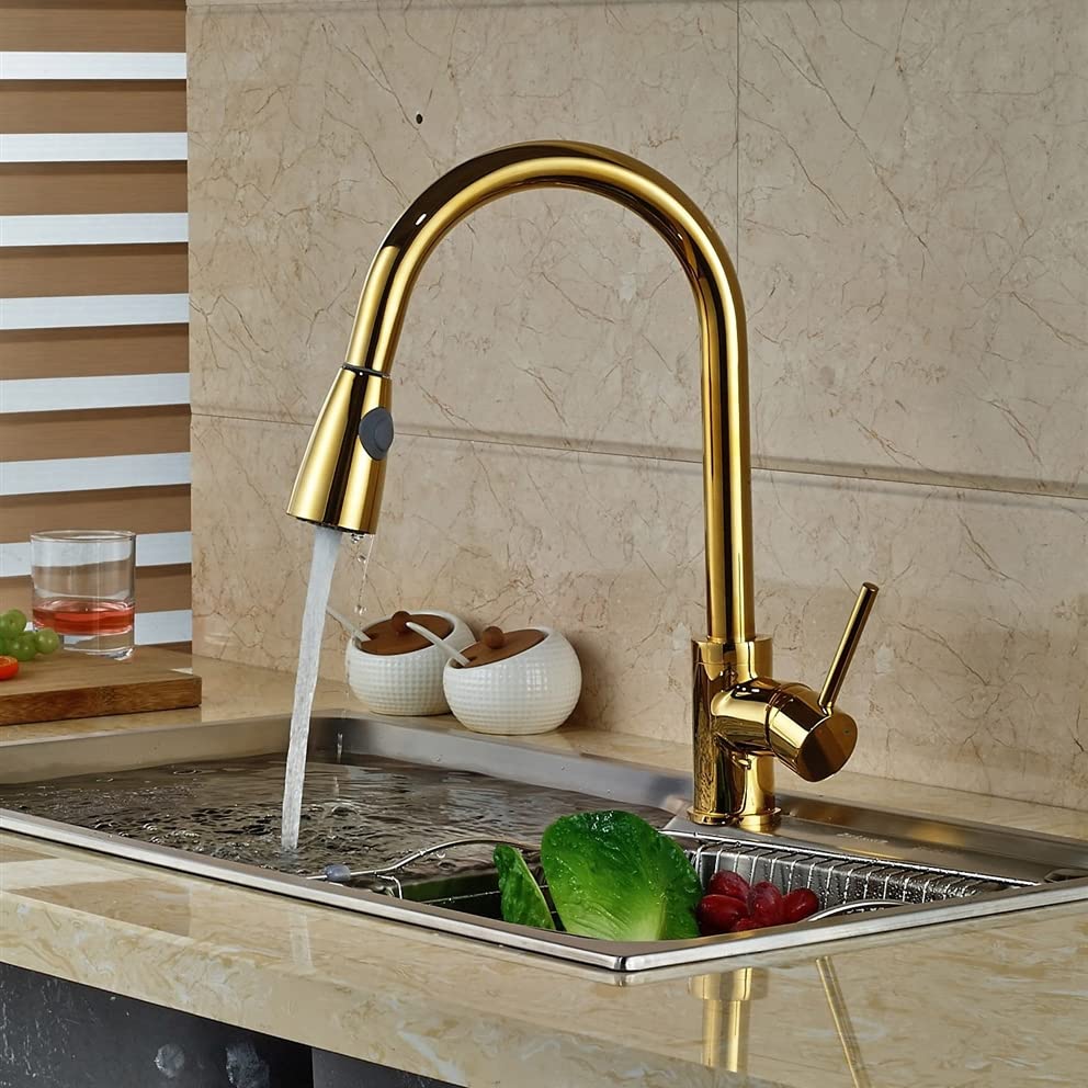 InArt Brass Single Lever Kitchen Sink Mixer - 360° Rotatable Pull Out Kitchen Faucet with Sprayer, Gold Finish | Perfect for Modern Home Kitchen, Restaurant & RV Use