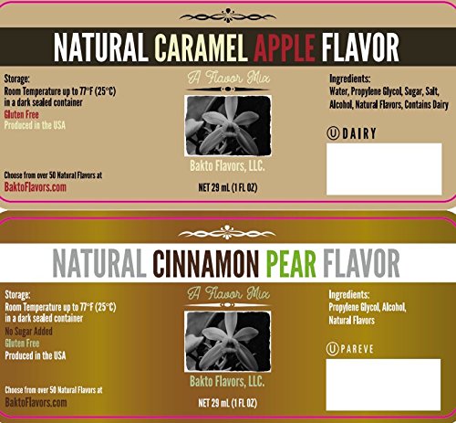 Bakto Flavors Natural Flavor Mix Combo Pack - 6 (1 FL OZ) Bottles - Caramel Apple, Chocolate Banana, Chocolate Mint, Cinnamon Pear, Cherry Vanilla, Strawberry Shortcake - Perfect for Baking, Cooking, Smoothies & Coffee Flavoring