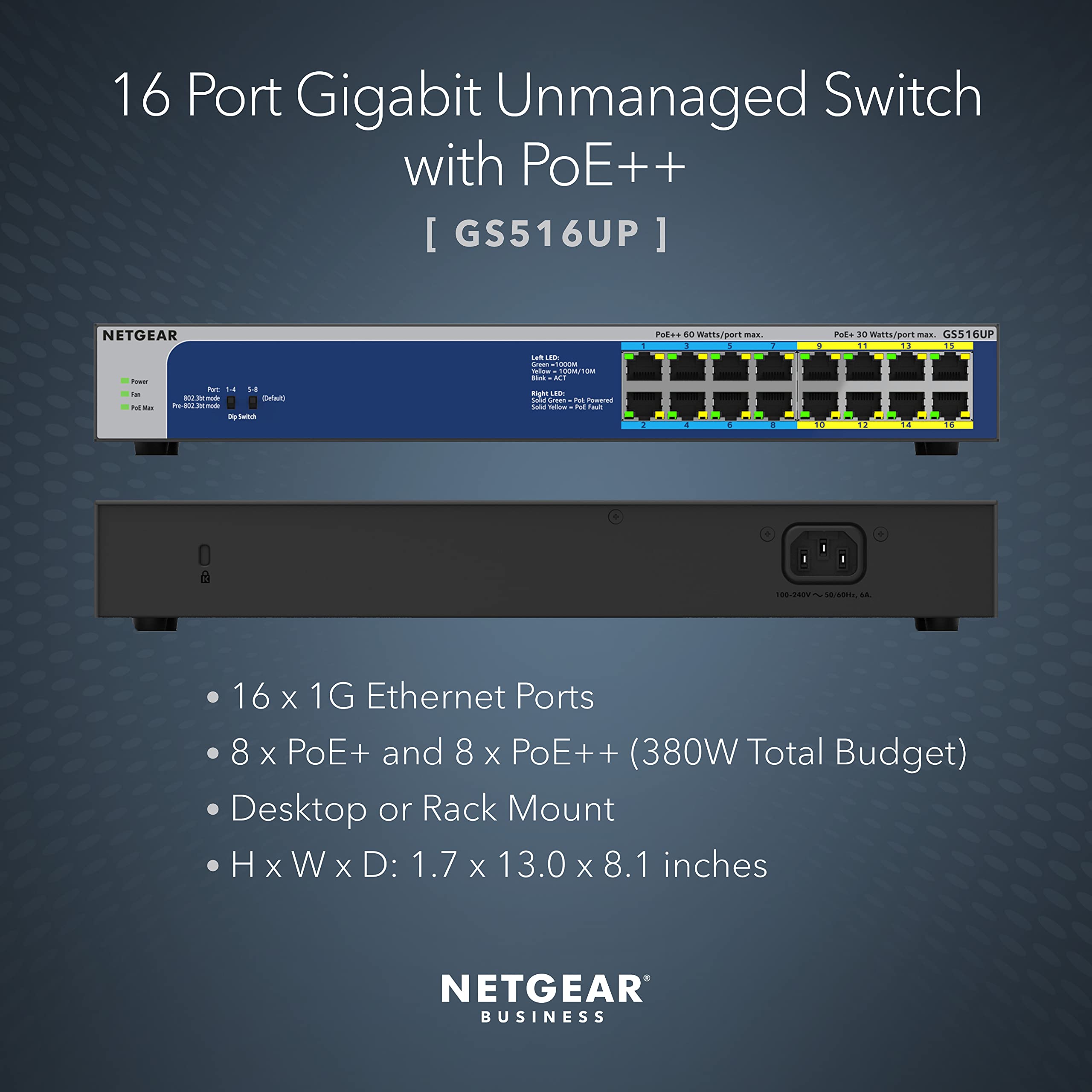 NETGEAR GS516UP 16-Port Gigabit Ethernet Switch with 8 PoE+ & 8 PoE++ Ports | 380W Power Budget | Unmanaged Network Switch for Home Office, Surveillance Cameras & VoIP Phones | Plug-and-Play Setup