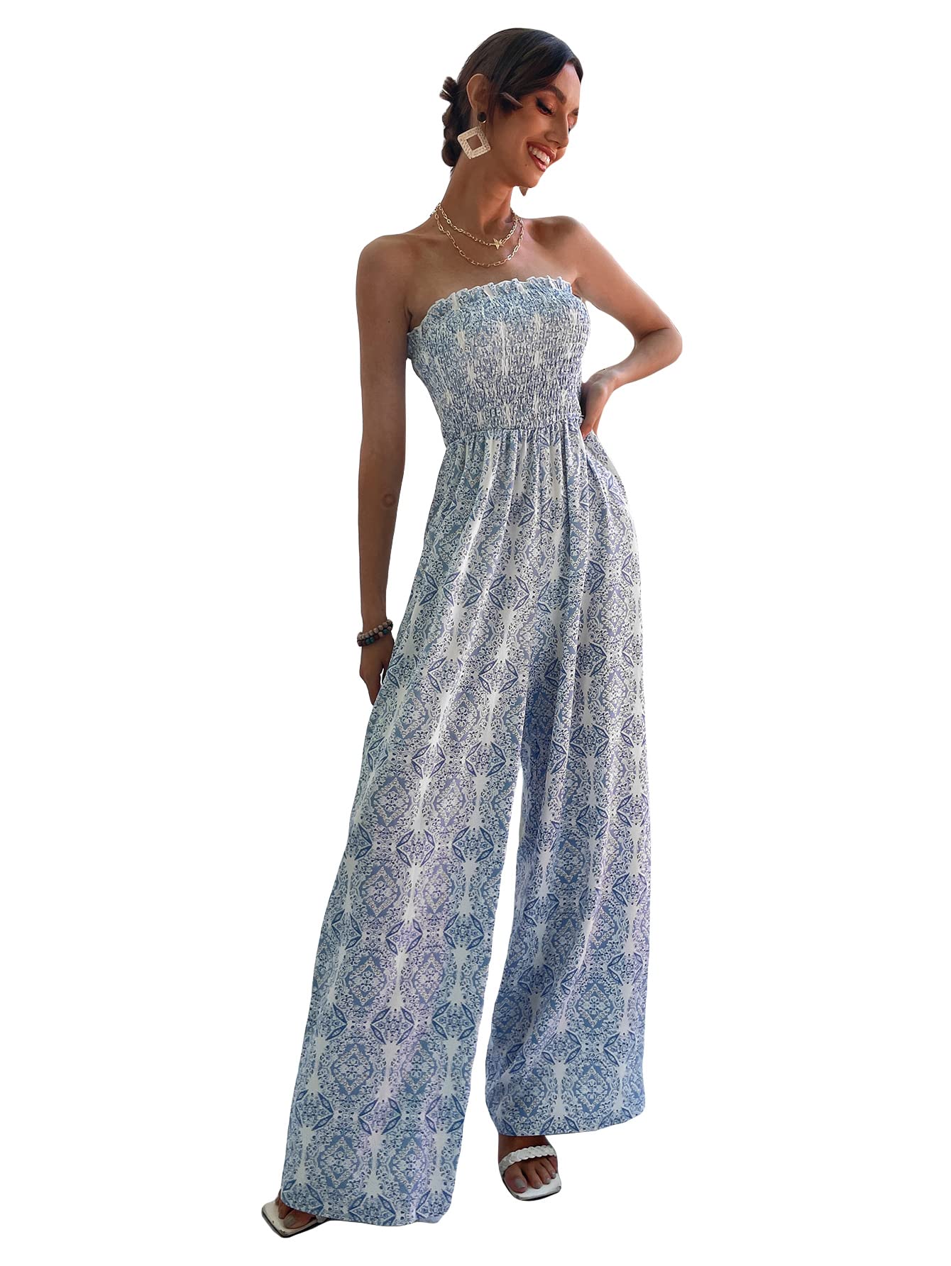 Stylish Women's Strapless High Waist Wide Leg Jumpsuit Romper - Floral Allover Print Summer Outfit for Beach, Vacation & Casual Wear