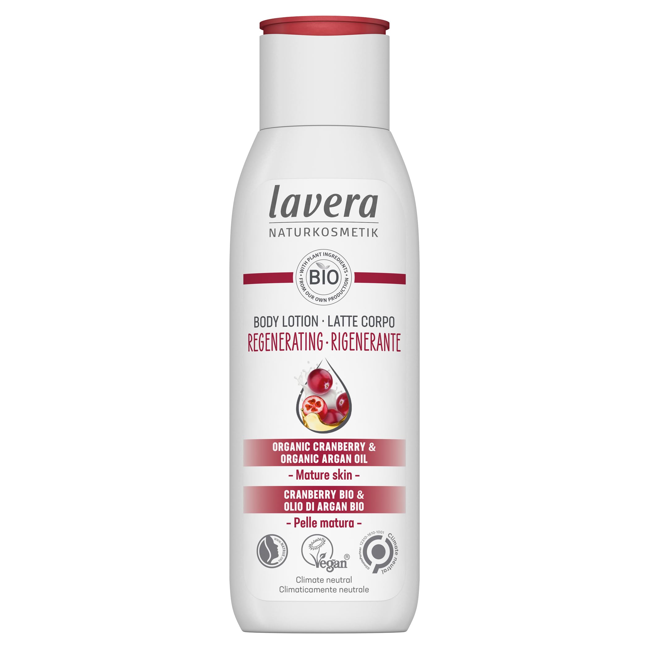 Lavera Regenerating Body Milk with Organic Cranberry & Argan Oil - Firming Lotion for Mature Skin - PETA Certified Vegan Natural Cosmetics - 6.76 fl.oz - Hydrating & Anti-Aging Body Care for Daily Use