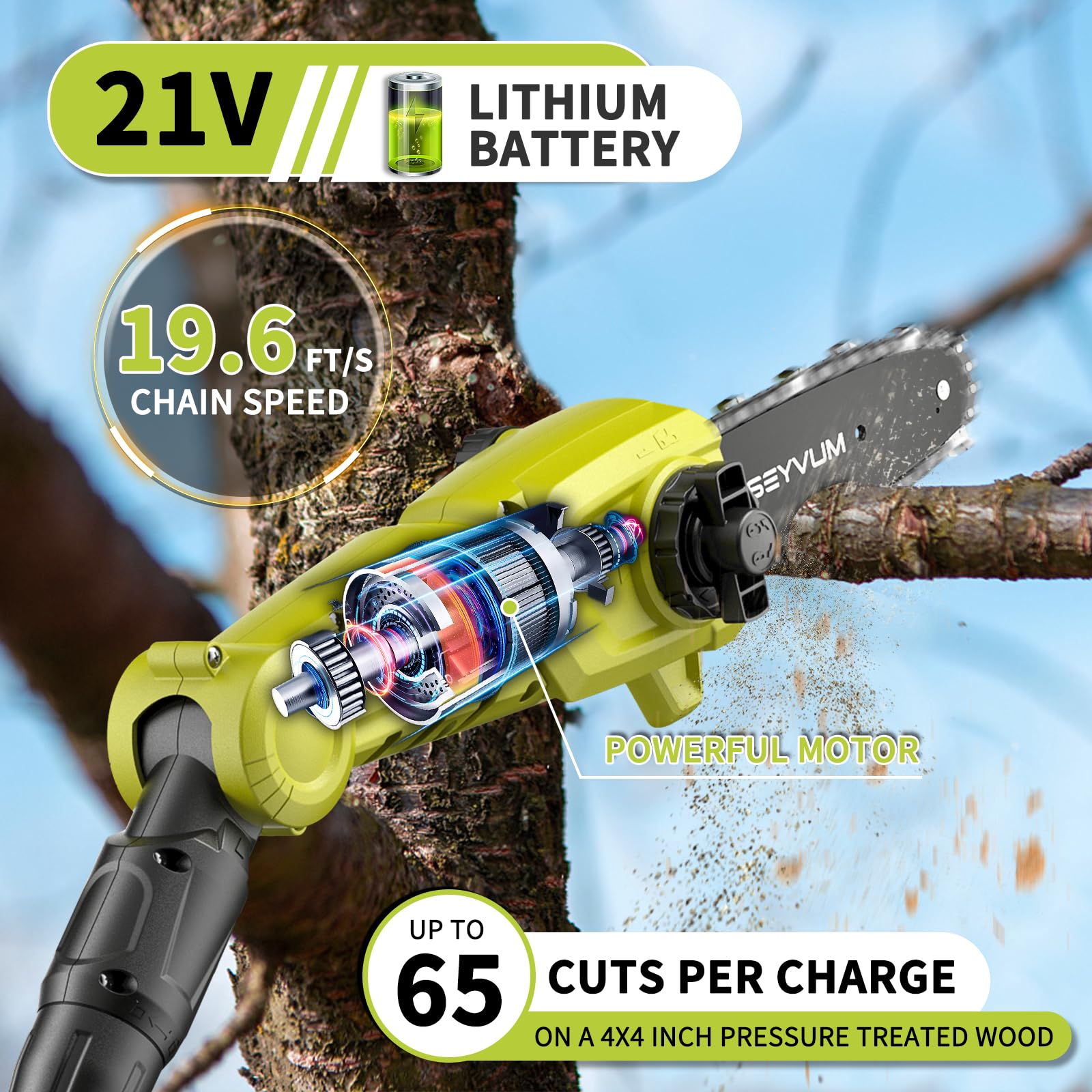 SEYVUM 8-Inch Cordless Pole Saw with Battery & Charger - 15-FT Telescoping Reach, Auto Oiling, Tool-Less Multi-Angle Adjustment for Tree Trimming, Pruning & Landscaping - Perfect for Garden Maintenance, Yard Work & DIY Projects