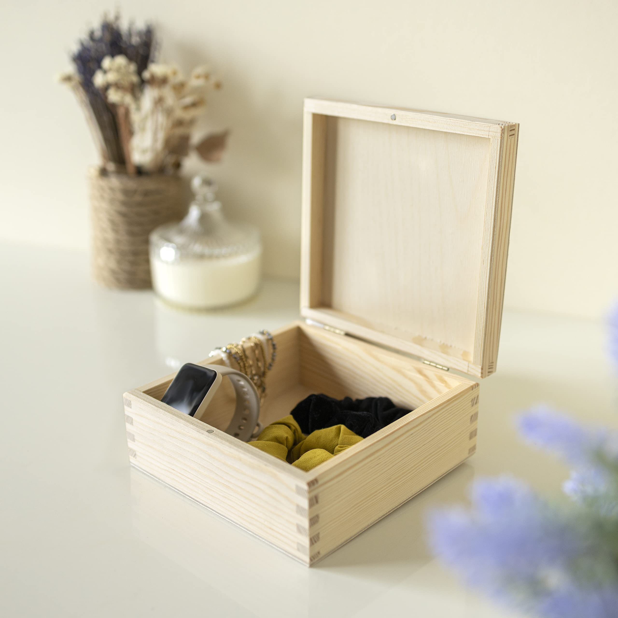 Unfinished Plain Wooden Storage Box with Lid - 6.37 x 6.37 x 2.83 Inches Square Craft Box for Jewelry, Office Supplies & Small Valuables - Perfect for Bedroom Organizer, DIY Projects & Gift Packaging