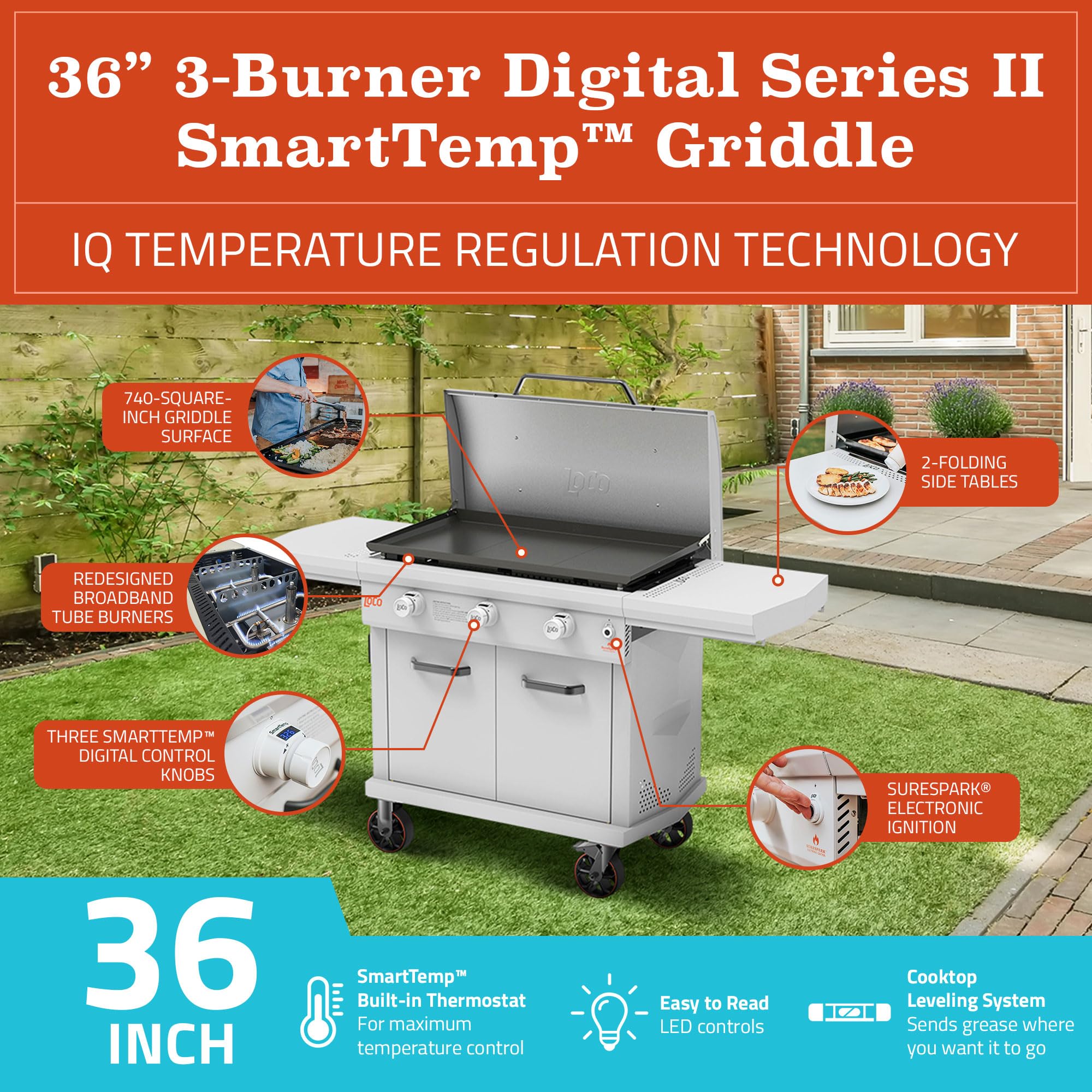 LoCo Cookers 3 Burner Flat Top Propane Gas Grill - 36 Inch Outdoor BBQ Griddle for Backyard, Camping & Tailgating | Heavy-Duty Stainless Steel Cooking Surface