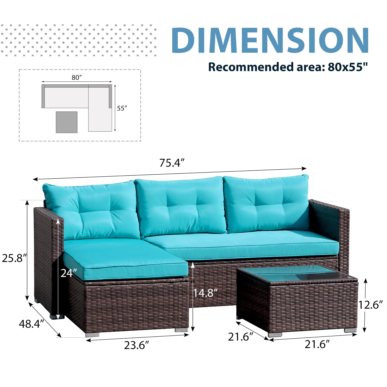 JOIVI 3-Piece Outdoor Wicker Patio Furniture Set with Tempered Glass Coffee Table - Turquoise Color, All-Weather Rattan Sofa Sectional for Garden, Poolside, and Backyard Relaxation