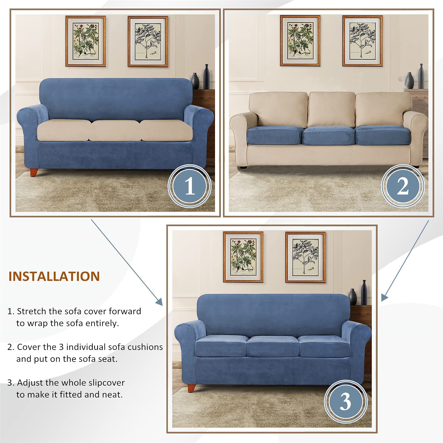 Stretch Velvet Sofa Slipcover with Separate Seat Cushion Covers - Super Soft Non-Slip Couch Cover Furniture Protector with Elastic Bands for 2-Seater Sofa - Blue - Perfect for Living Room, Home Decor & Pet-Friendly Furniture Protection