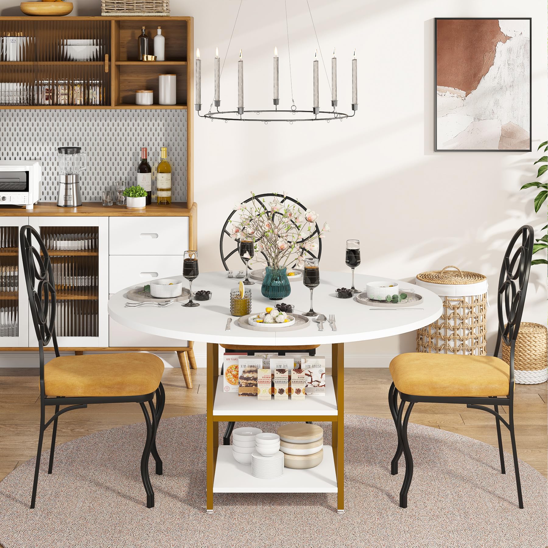 Tribesigns 47 Inch Round Dining Table with Storage Shelves - White Gold Kitchen Table for 4 People, Perfect for Dining Room, Kitchen & Small Space Living Room | Modern & Space-Saving Design