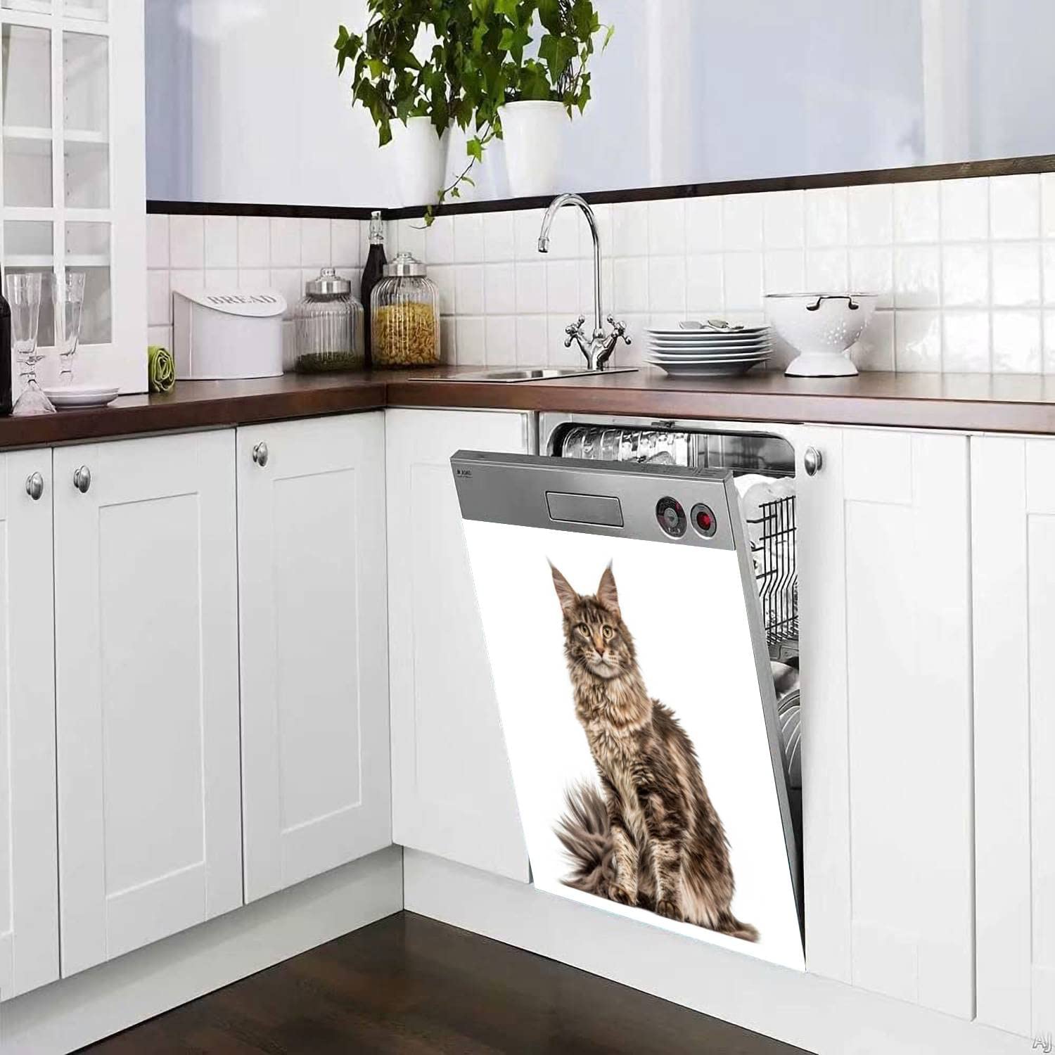 Maine Coon Cat Dishwasher Magnet Sticker - 23x26in White Refrigerator Decal for Kitchen, Fridge & Metal Doors - Funny Appliance Cover for Home & Garage Decor (Perfect for Pet Lovers & Cat Owners)