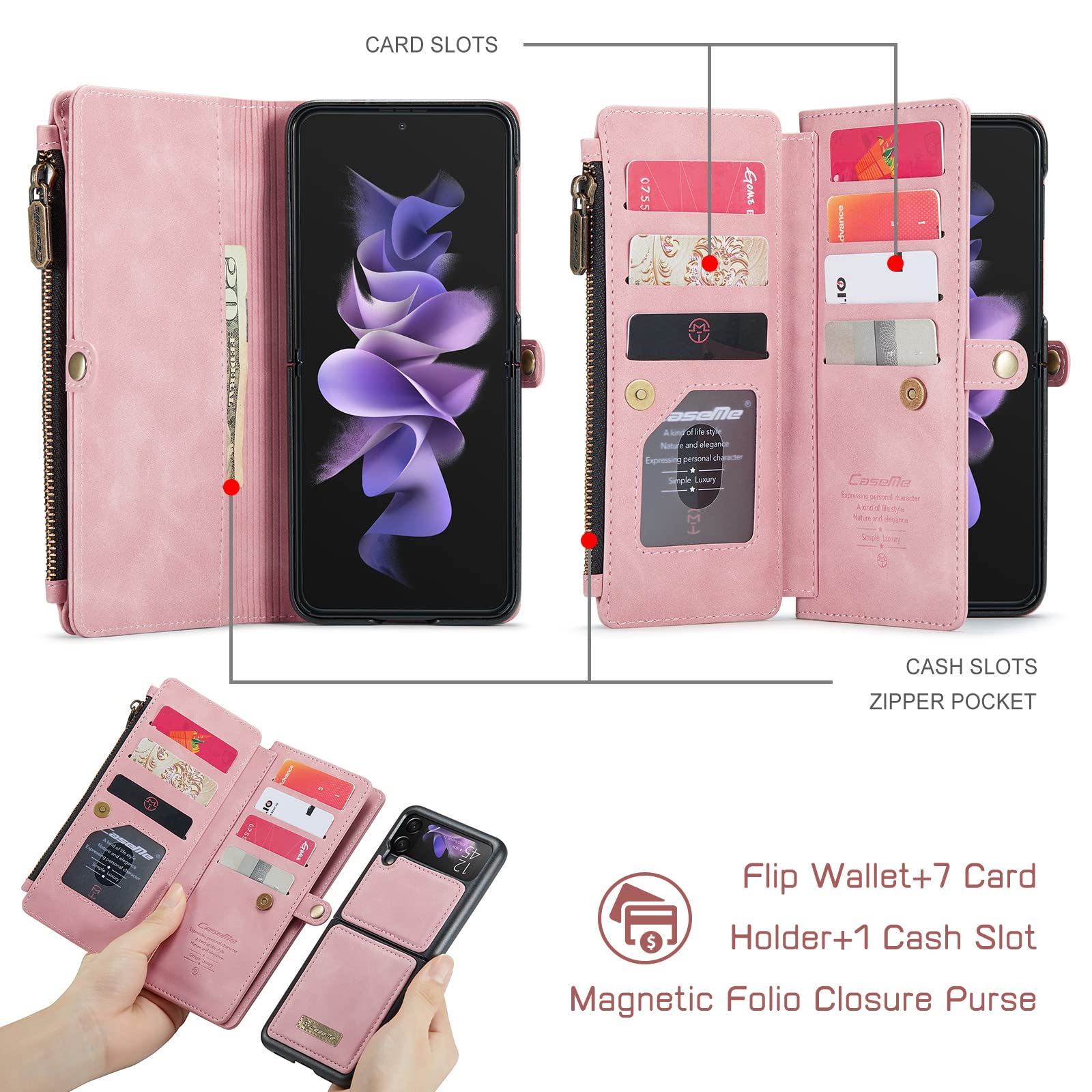 Samsung Galaxy Z Flip 3 Wallet Case with RFID Blocking Card Holder - Detachable PU Leather Magnetic Flip Cover with Zipper Strap | Perfect for Everyday Use, Travel & Business (Rose Pink)
