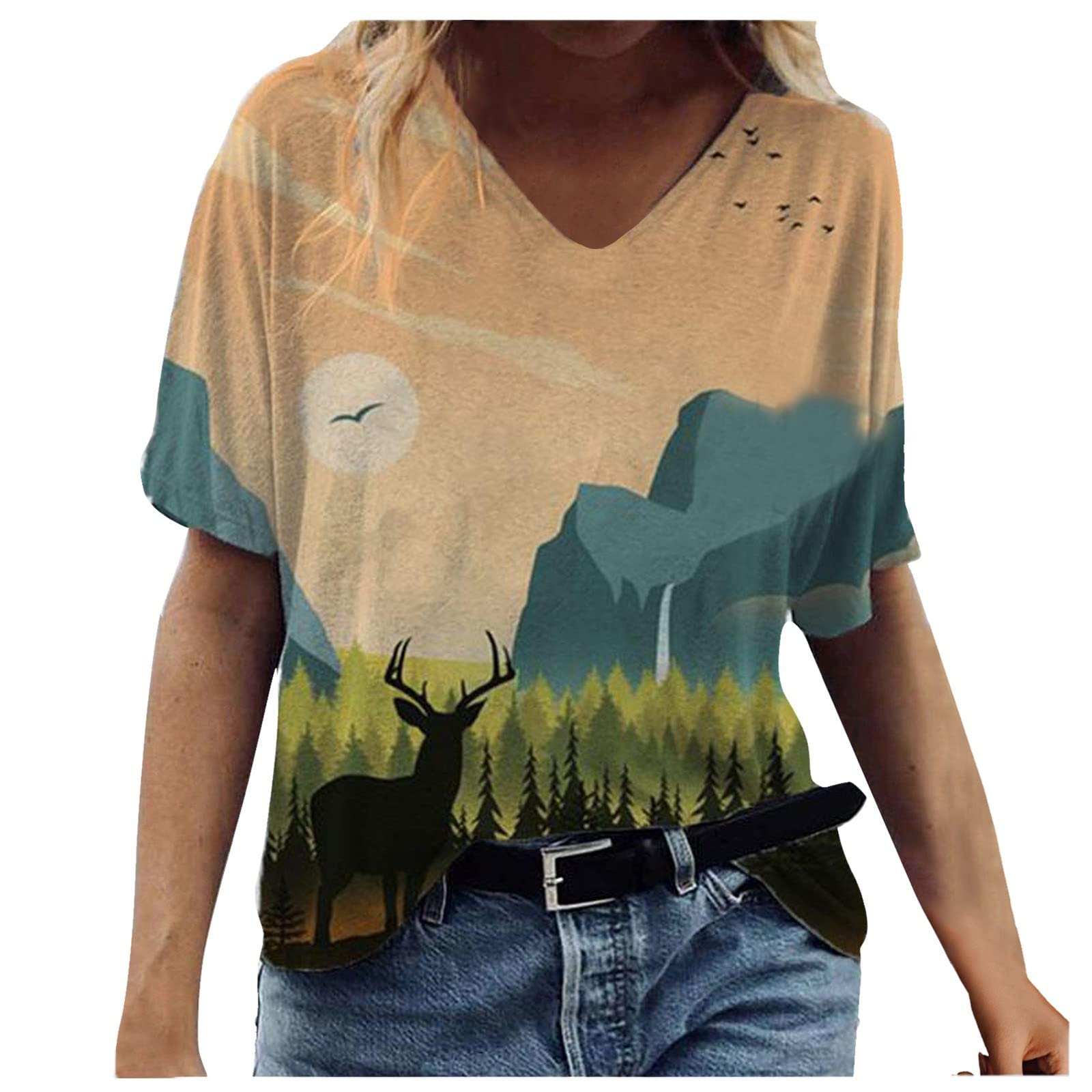 Women's Summer V-Neck Loose Fit T-Shirt - Casual Short Sleeve Tunic Top Plus Size Blouse for Workout & Everyday Wear | Breathable Comfort for Yoga, Running & Office Outfits