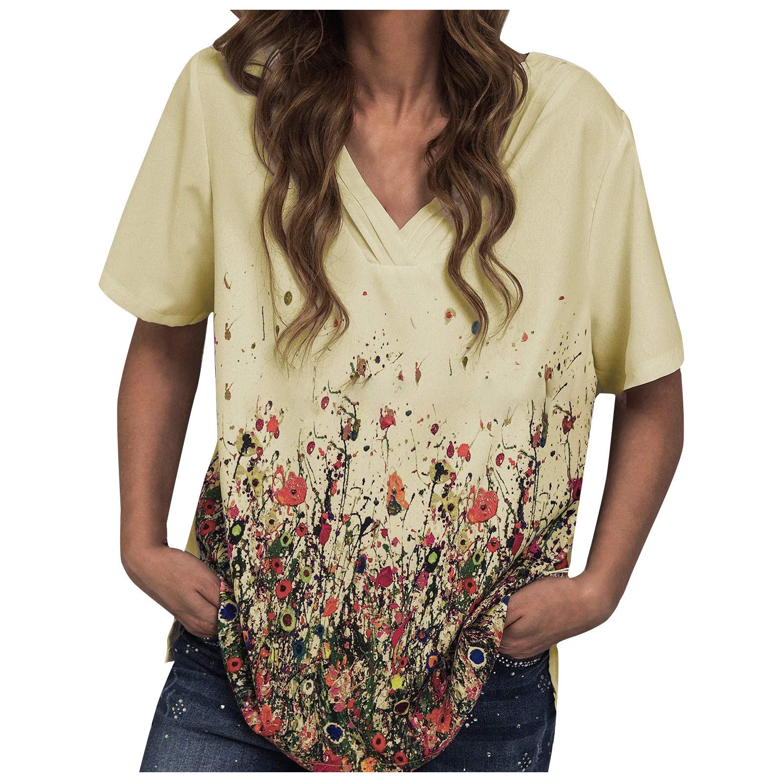 Floral Printed V-Neck Tee Shirt for Women - Plus Size Workout Tank Tops - Breathable Summer Tops for Yoga, Gym & Casual Wear