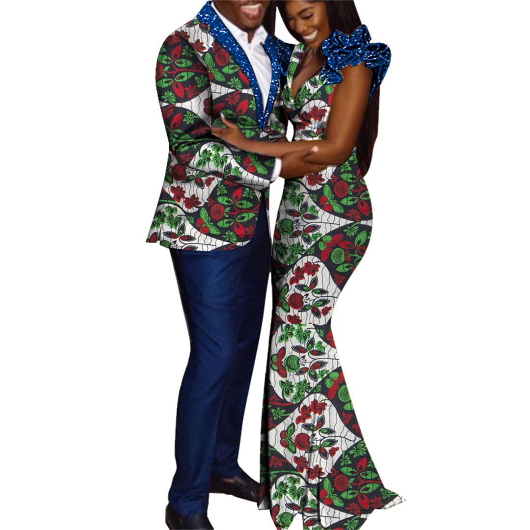 African Dashiki Couple Outfits for Lovers - Matching Men's Tops & Pants + Women's Dress Set (3-Piece) - Perfect for Valentine's Day, Anniversary Gifts, and Cultural Celebrations