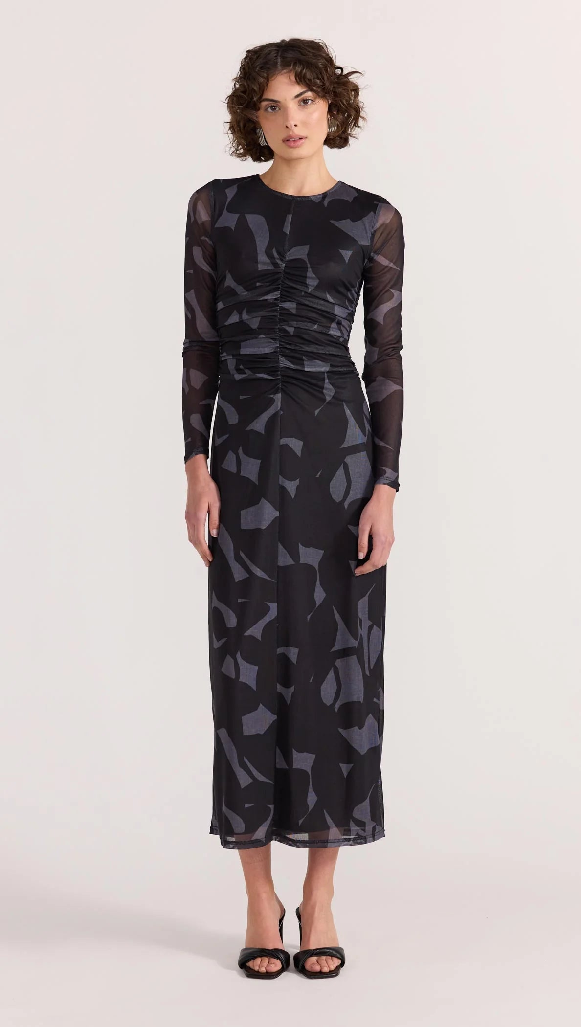 Aura Black Abstract Mesh Long Sleeve Midi Dress - Elegant Evening Wear for Parties & Special Occasions
