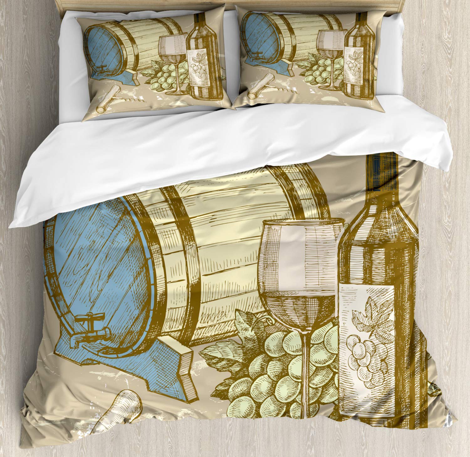 Ambesonne Vintage Wine Duvet Cover Set - Hand-Painted Wine Cask, Bottle & Grape Design - 3-Piece California King Bedding Set with Pillow Shams - Multicolor Bohemian Decor for Master Bedroom, Guest Room & Wine Lover Gifts
