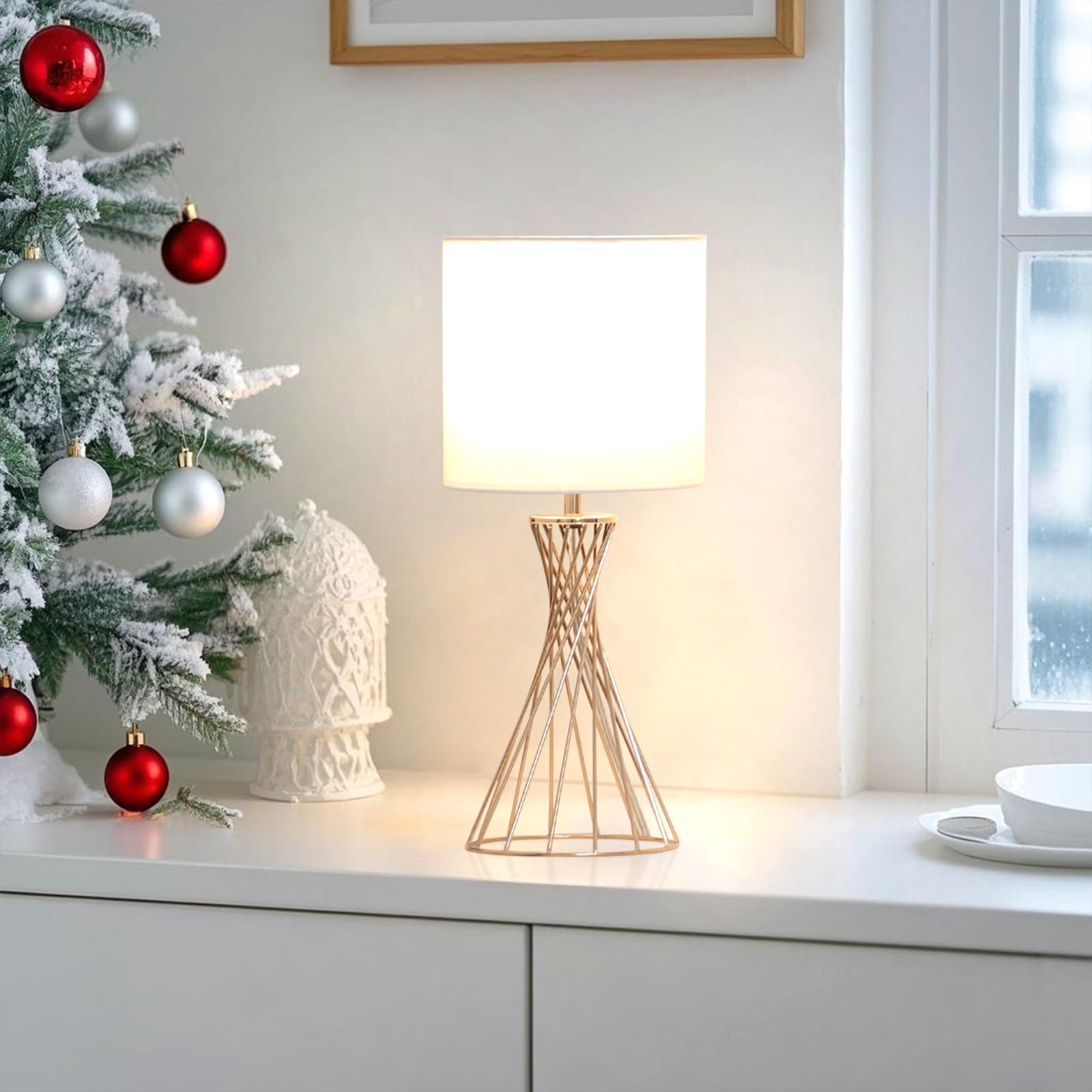 Modern Gold Table Lamp with White Fabric Shade & Geometric Metal Base - Small Cute Desk Lamp for Bedroom Nightstand, Living Room, Kids Room - Perfect for Reading, Study & Cozy Home Decor
