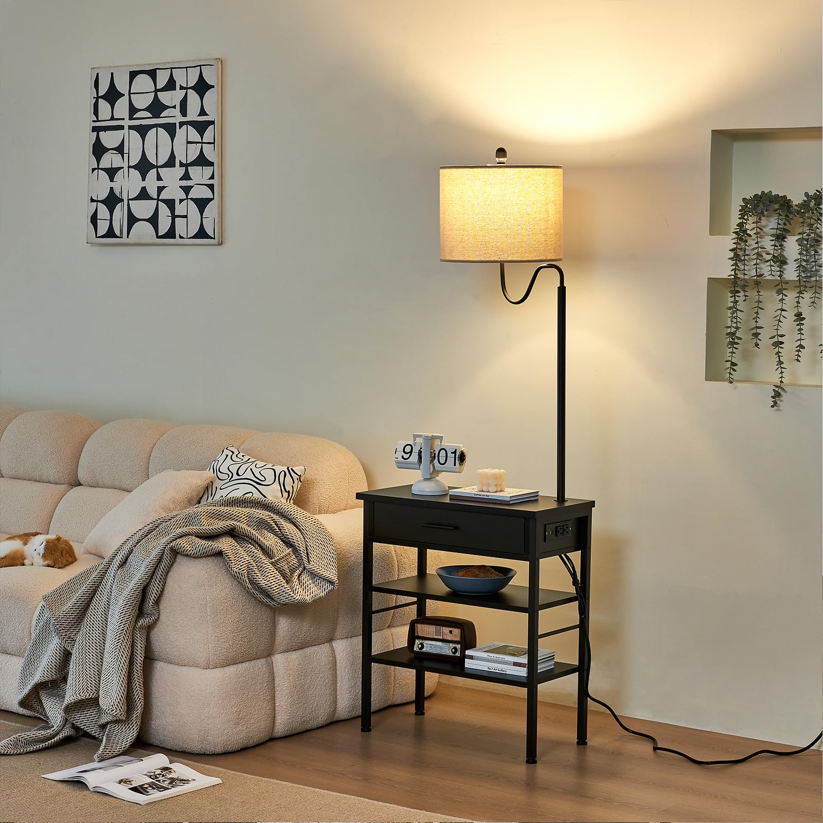 Topotdor Rustic Wooden Floor Lamp with Side Table - USB Port & Outlets, Adjustable Shelves for Bedroom, Living Room & Home Office - Black - Perfect for Reading, Working & Nightstand Lighting