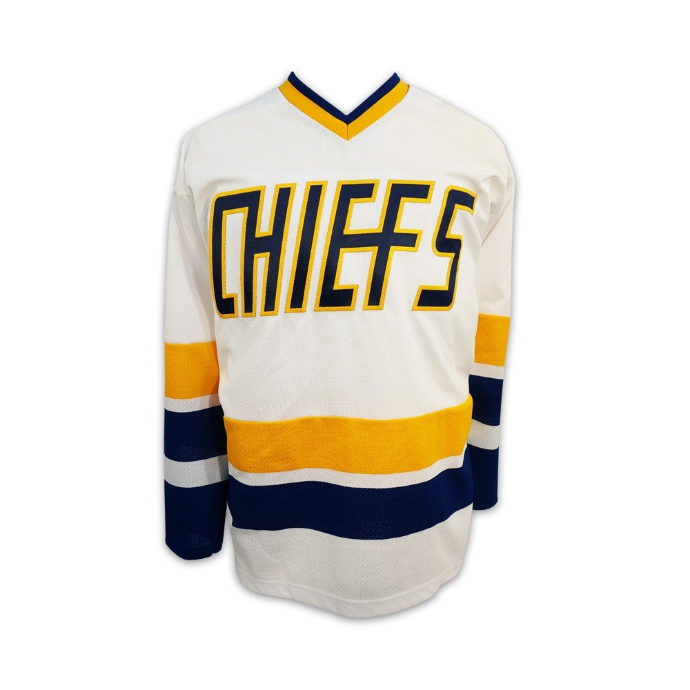 Mad Brothers Official Slap Shot Movie Charlestown Chiefs Hockey Jersey - Home White | Vintage Hockey Fan Gift | Game Day & Cosplay Outfit