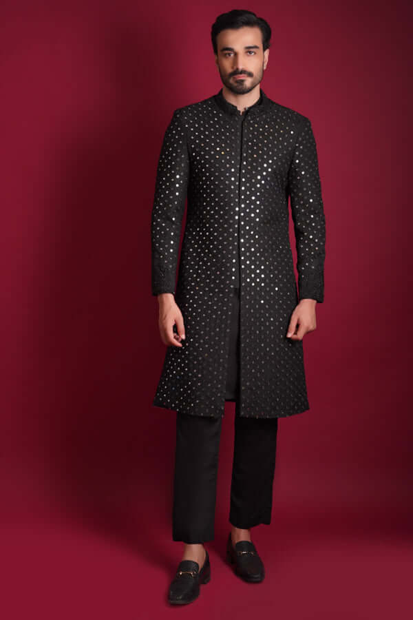 Stylish Jet Black Mirror Work Sherwani for Men - Elegant Indian Wedding & Festive Attire - Perfect for Grooms, Parties & Cultural Events