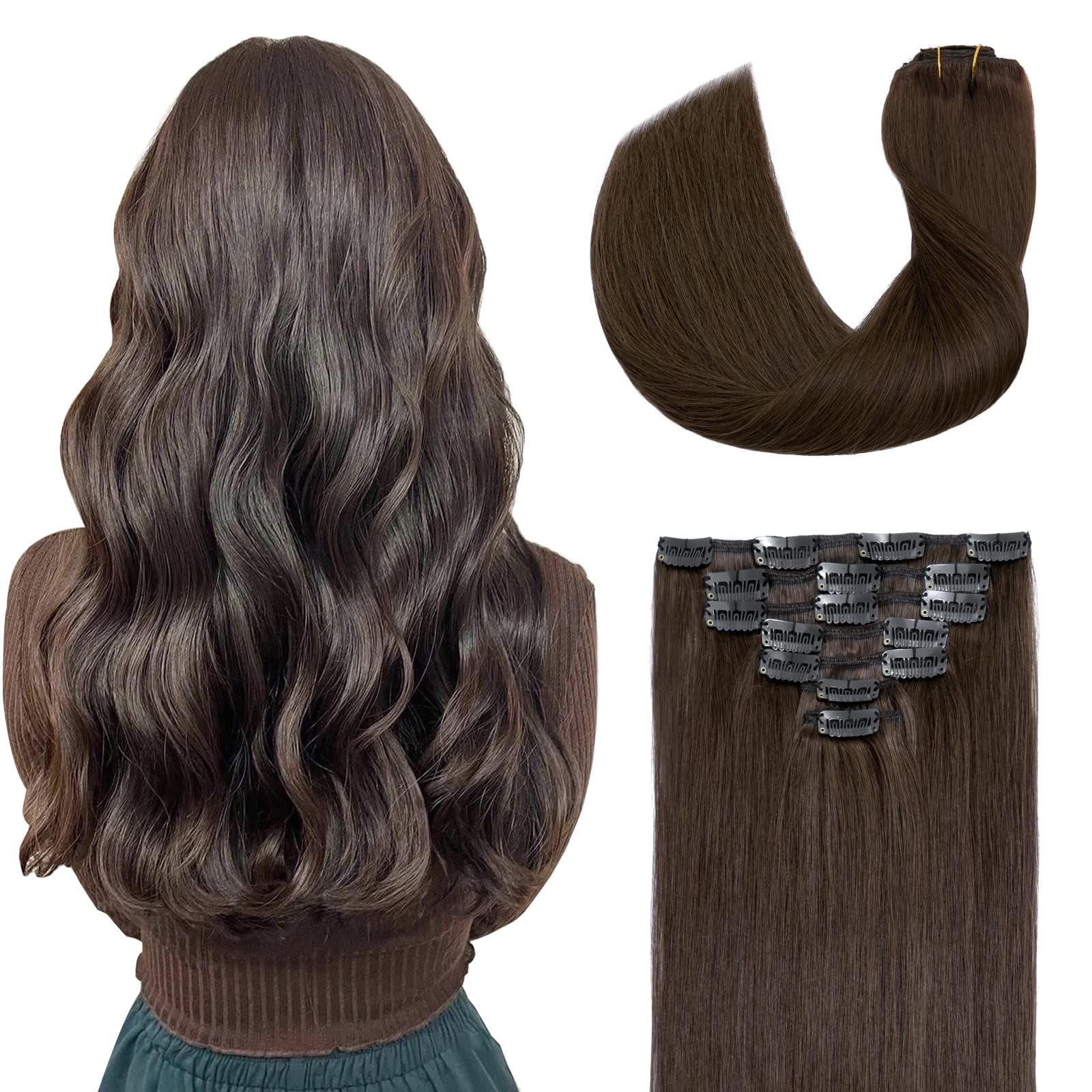 Clip in Human Hair Extensions 18 Inch - 7pcs Long Straight Remy Hair Extensions 120g, Seamless Double Weft Virgin Hair for Women (Brunette #4 Medium Brown) - Perfect for Parties, Weddings & Daily Styling