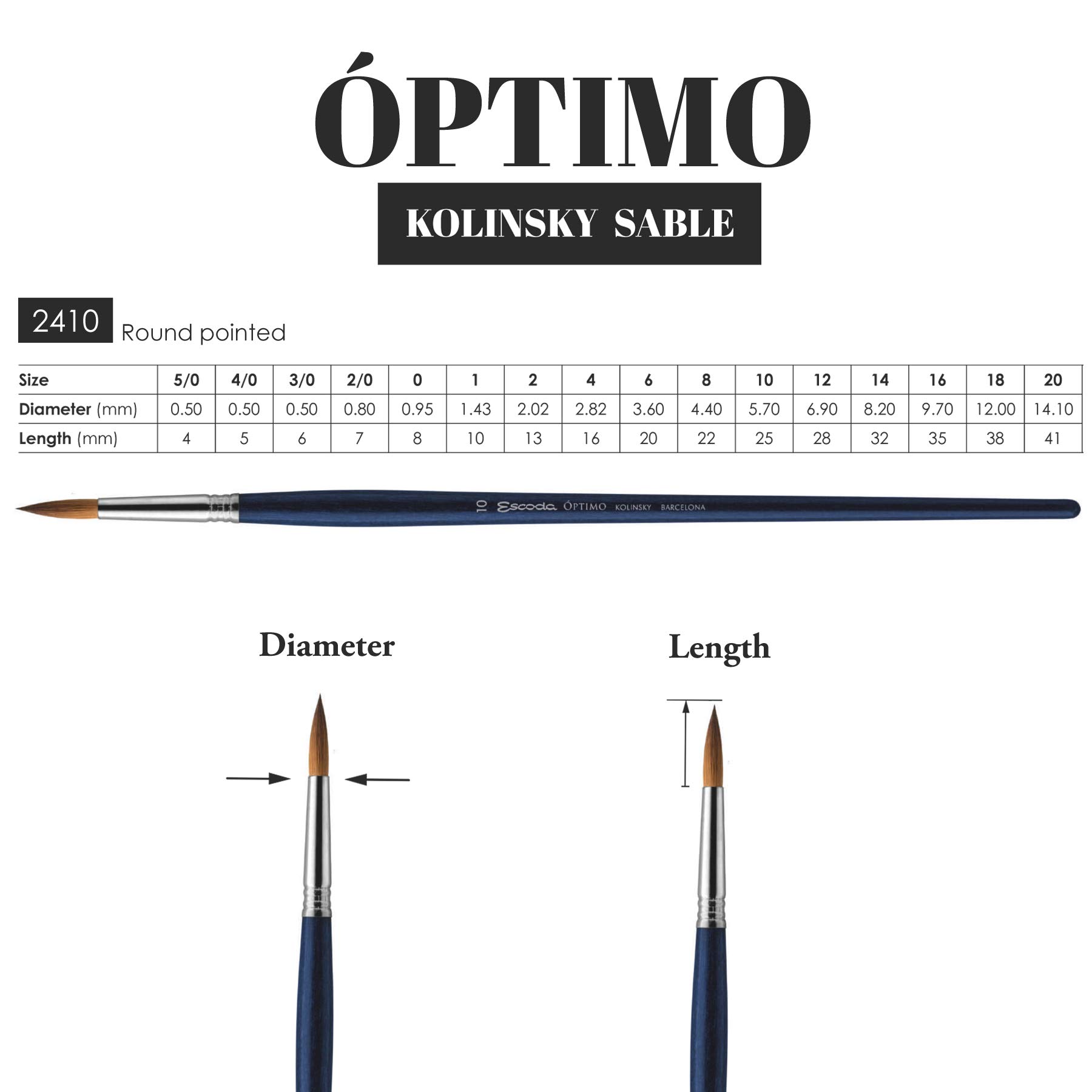 Speedball Art Products Escoda Optimo Series Artist Oil & Acrylic Long Handle Round Paint Brush - Size 14 Pure Kolinsky Sable Hair - Professional Painting Brush for Canvas, Portrait & Fine Art