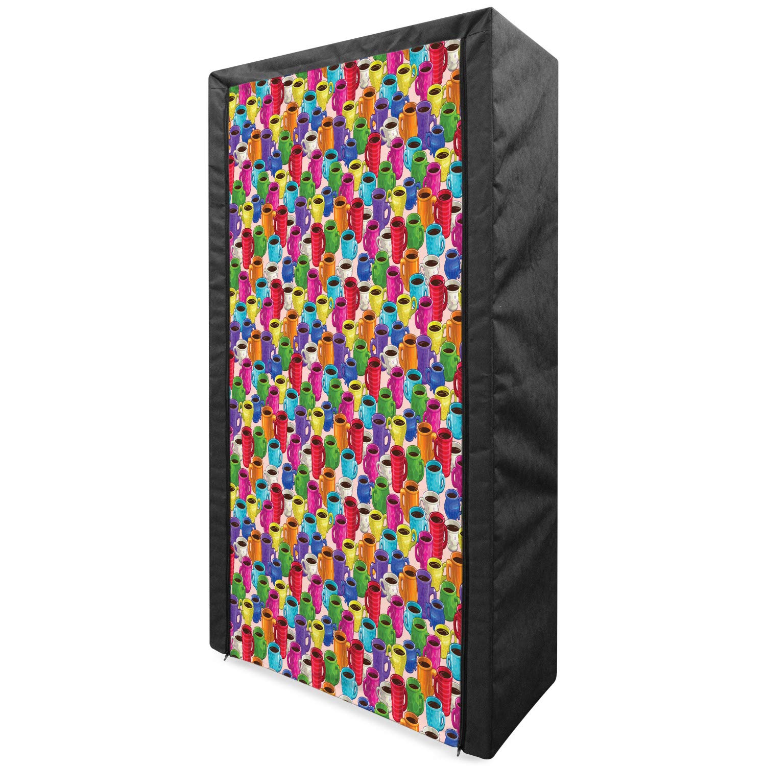 Ambesonne Cartoon Portable Fabric Wardrobe - Colorful Coffee House Inspired Vintage Print Clothing Organizer with Shelves, 33.5 Inch Multicolor | Perfect for Bedroom, Dorm & Small Space Storage Solutions