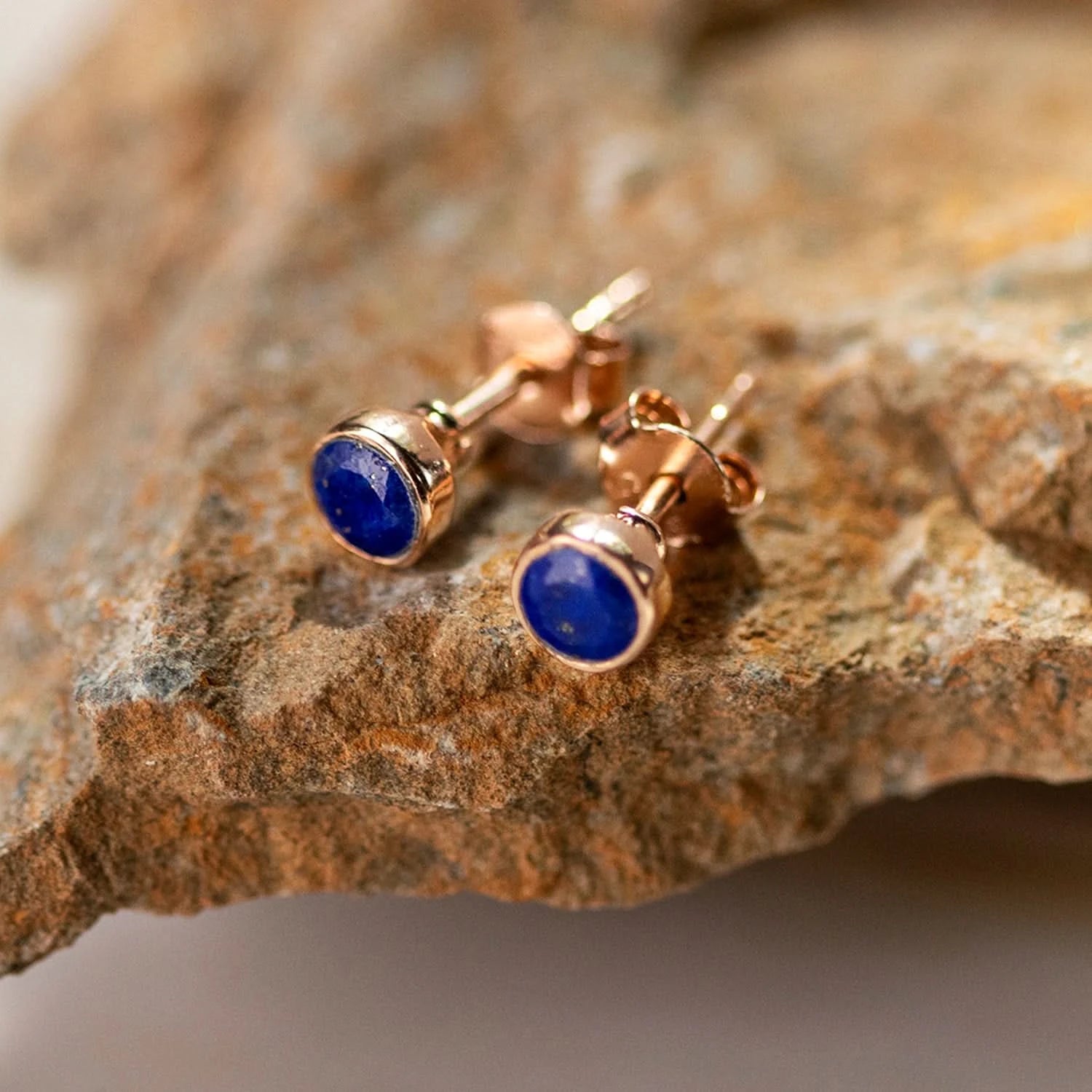 Lapis Lazuli Mini Stud Earrings - Rose Gold Plated September Birthstone Jewelry - Perfect Gift for Women, Girls, Birthday, Anniversary & Everyday Wear
