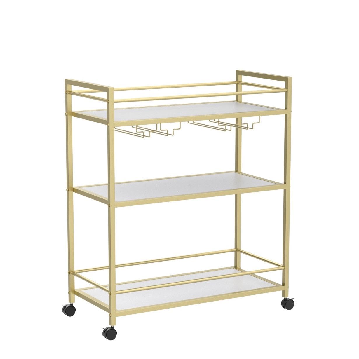 Gold Bar Cart with 3 Shelves - Rolling Wine Glass & Bottle Storage Serving Cart for Kitchen, Living Room, Bar (31.5”W, White) - Perfect for Home Entertaining, Parties & Small Space Storage