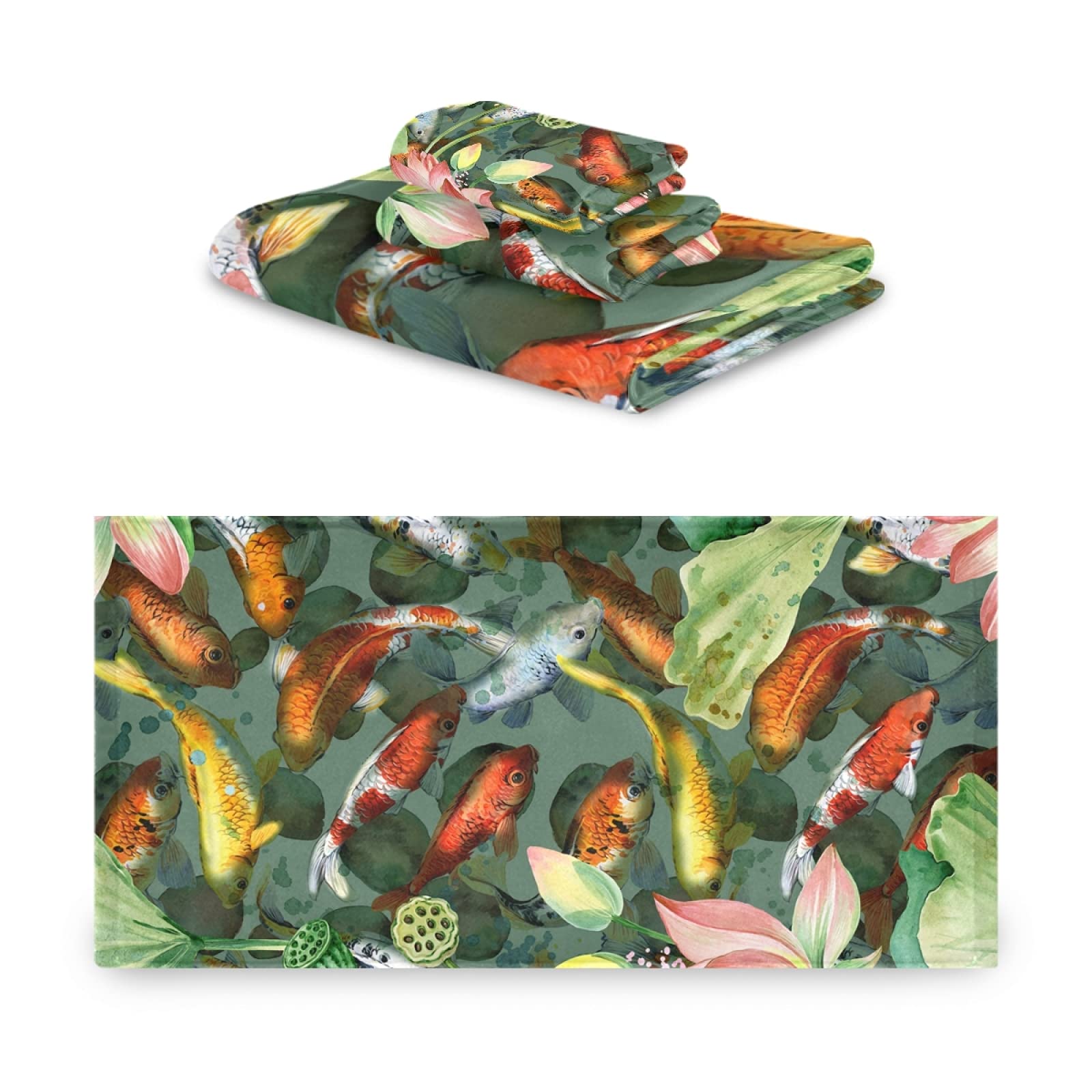 3-Piece Koi Fish with Flower Bath Towel Set - Soft Absorbent Bath, Hand & Wash Cloths for Bathroom, Hotel, Spa | Luxury Home Decor, Beach & Gym Essentials