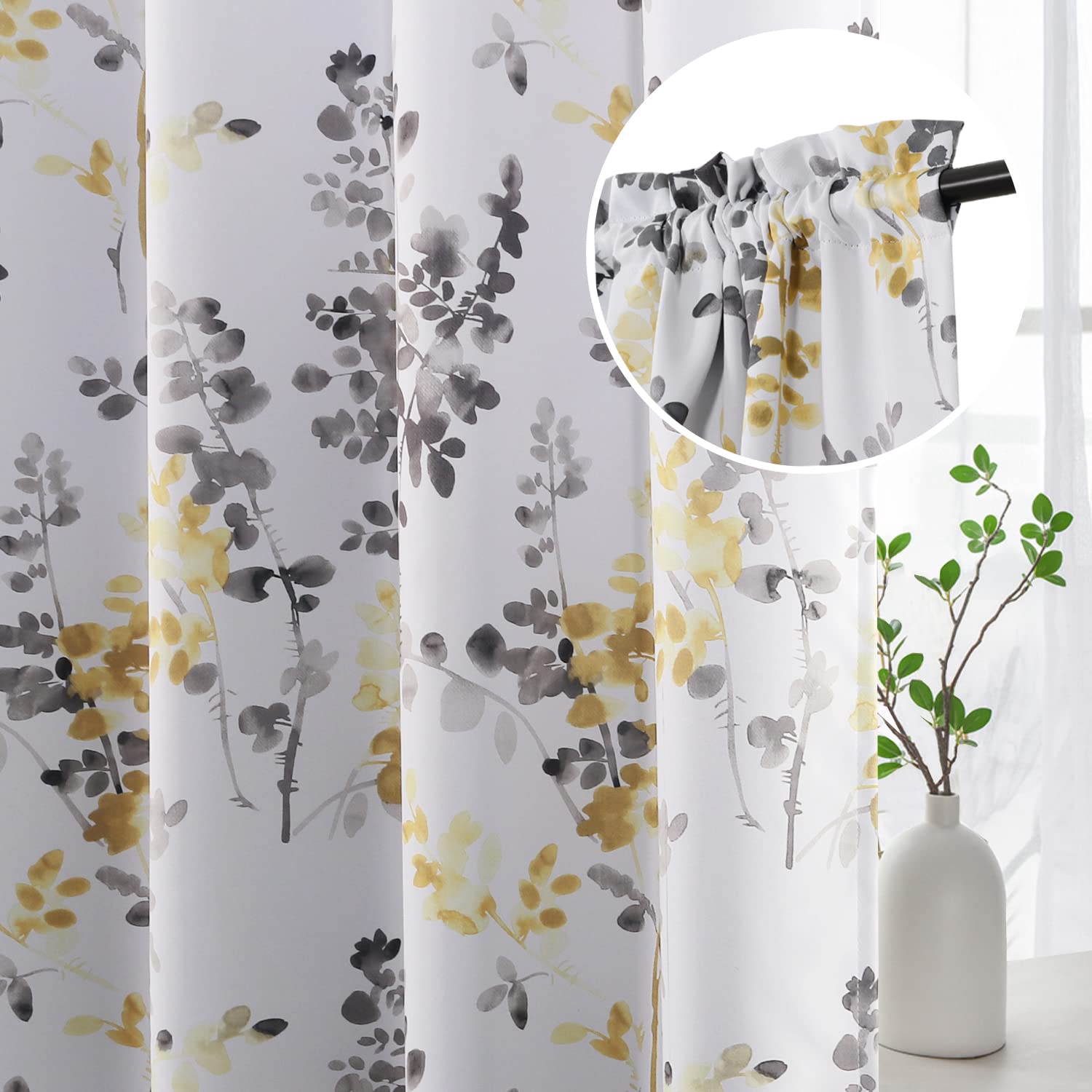 H.VERSAILTEX Floral Curtains 95 Inches Long - Blackout Printed Window Curtain Panels with Rod Pocket, Classic Grey & Yellow Floral Pattern for Bedroom & Living Room (Set of 2) - Perfect for Light Control & Home Decor