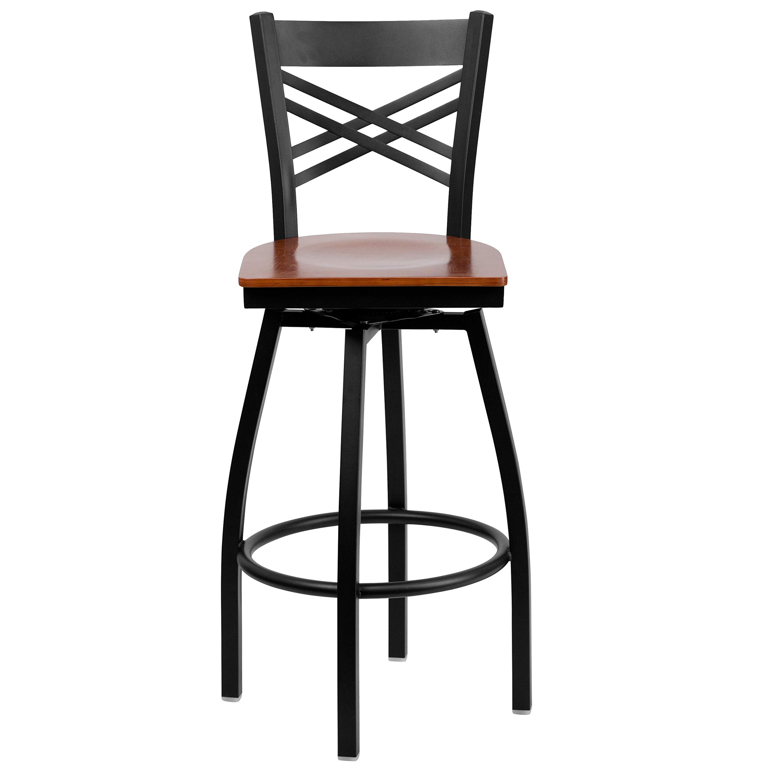 2 Pack Black X-Back Swivel Metal Barstools with Cherry Wood Seat - Modern Kitchen Island & Bar Counter Stools for Home & Restaurant Use