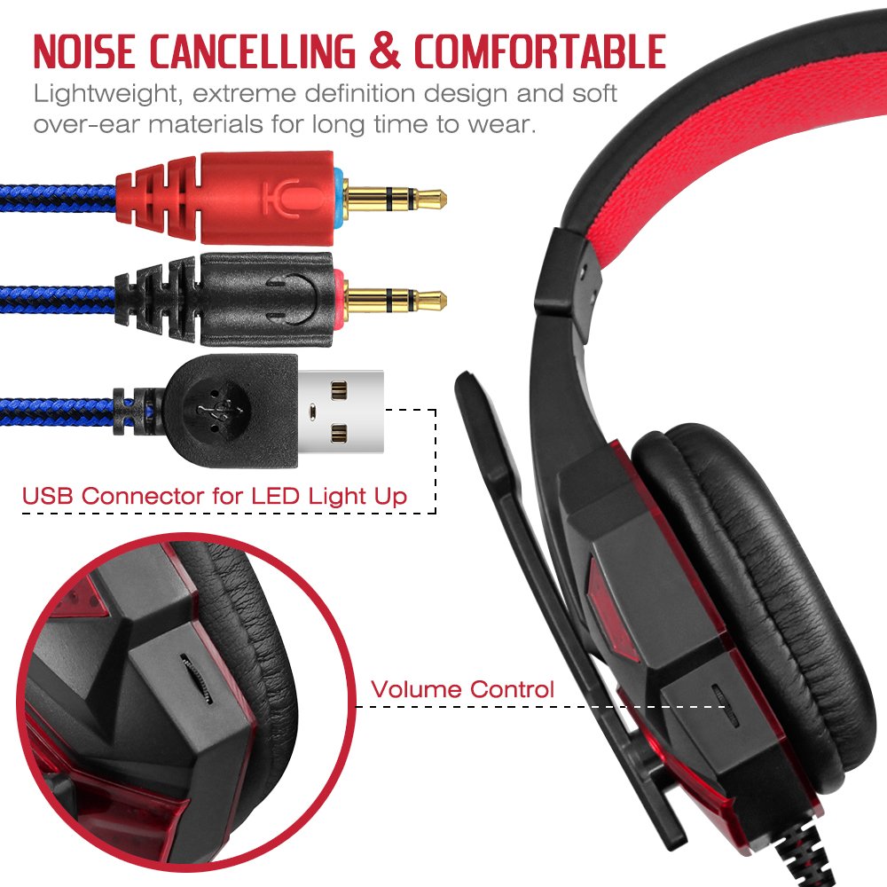 DLAND 3.5mm Wired Gaming Headset with Microphone & LED Lights for PC, Laptop, PS4, Xbox One - Noise Isolation, Volume Control (Black/Red) - Perfect for Gaming, Streaming & Online Meetings