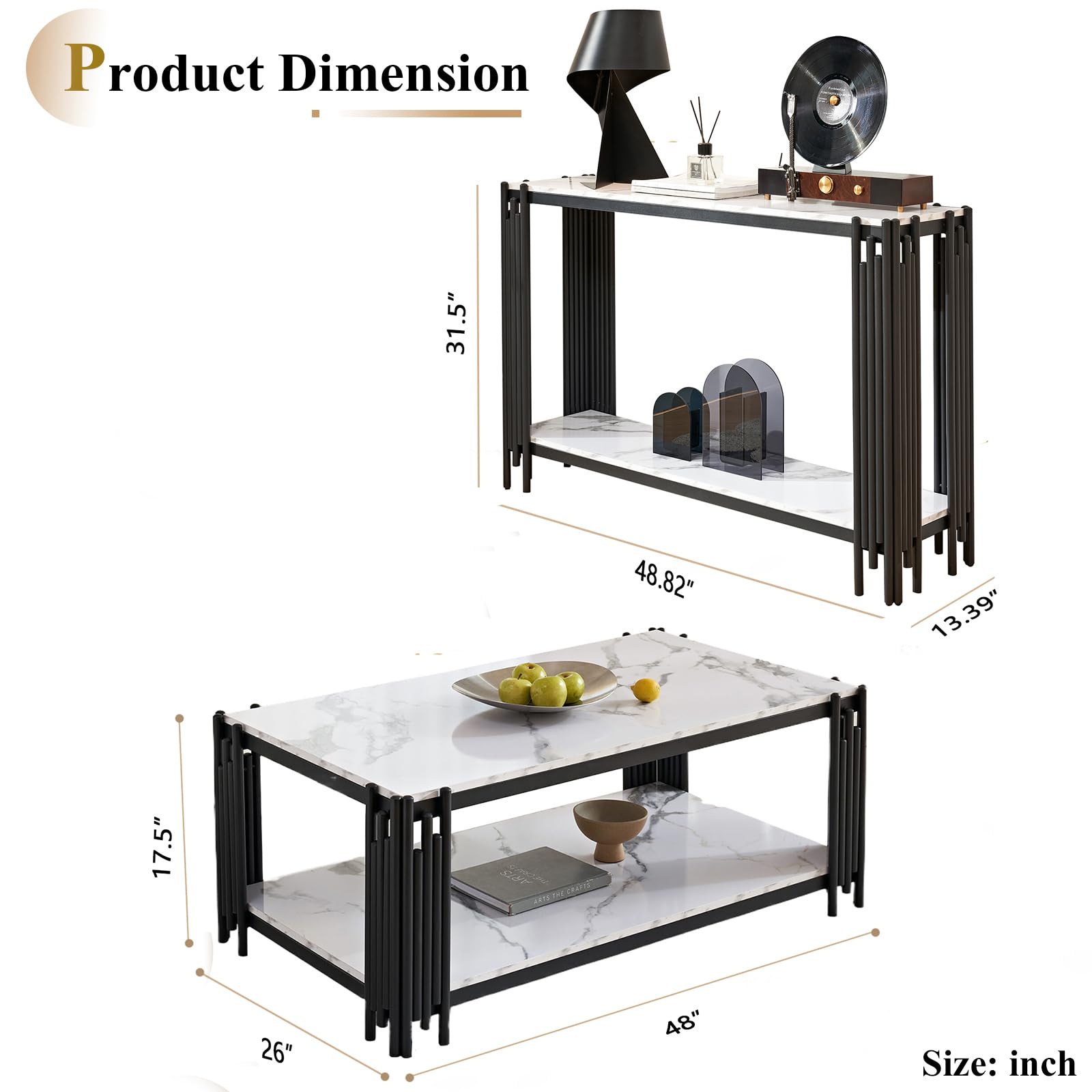 Elegant White Faux Marble Coffee Table Set with Black Metal Frame - 2 Piece Living Room Furniture (1 Rectangle Coffee Table & 1 Console Table) for Modern Home Decor, Living Room, Lounge & Office Spaces