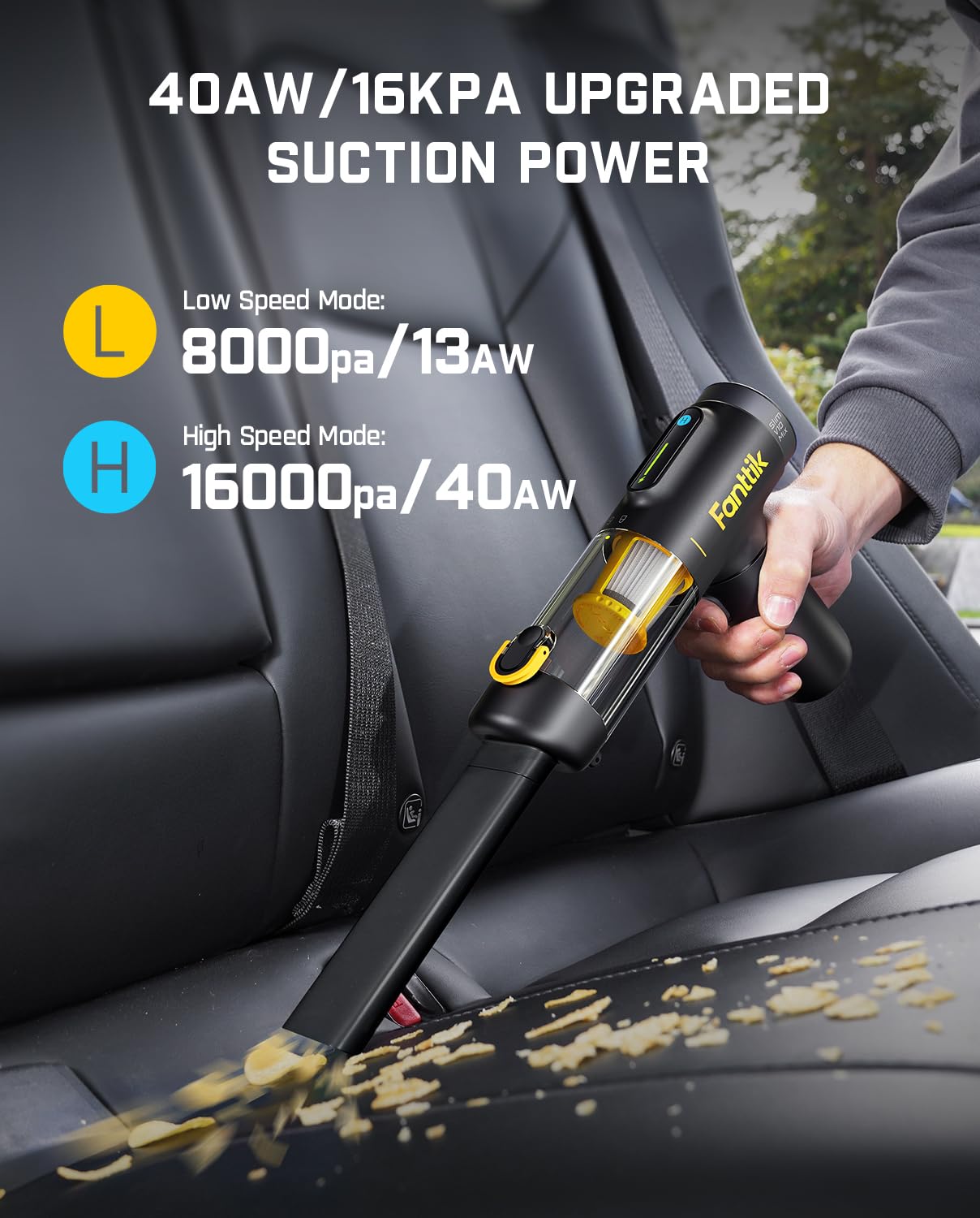 Fanttik Slim V10 4-in-1 Cordless Car Vacuum & Air Duster - 16kPa Powerful Suction, Smart LED Display, Portable Handheld Vacuum for Car, Home, Office - Perfect for Cleaning Cars, Keyboards, Desks & Small Spaces