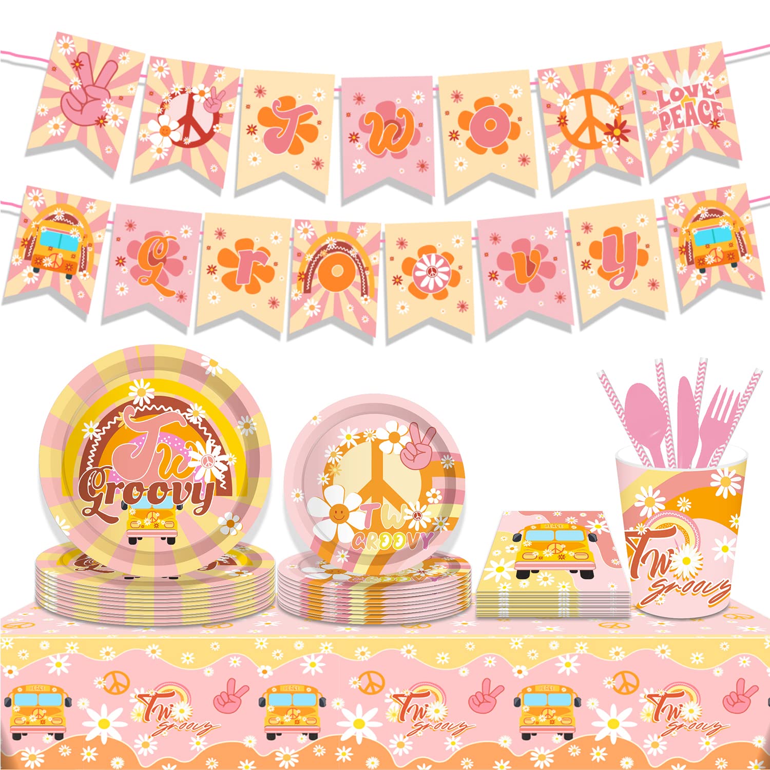 Groovy Rainbow Hippie Party Tablecloth 2 Pack - Retro Daisy Plastic Table Cover for Birthday Decorations, Girls 2nd Birthday Party Supplies | Perfect for Outdoor Picnics, Baby Showers & 70s Theme Parties
