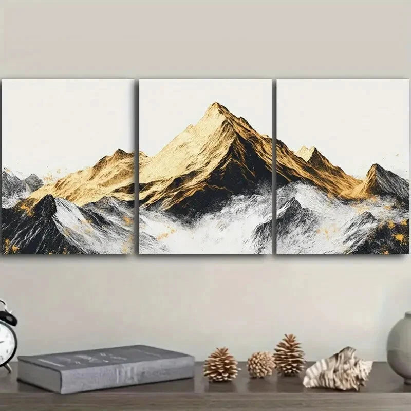 3-Piece Golden and Silver Mountains Metal Wall Art - Ready to Hang Landscape Prints for Living Room, Bedroom & Office Decor