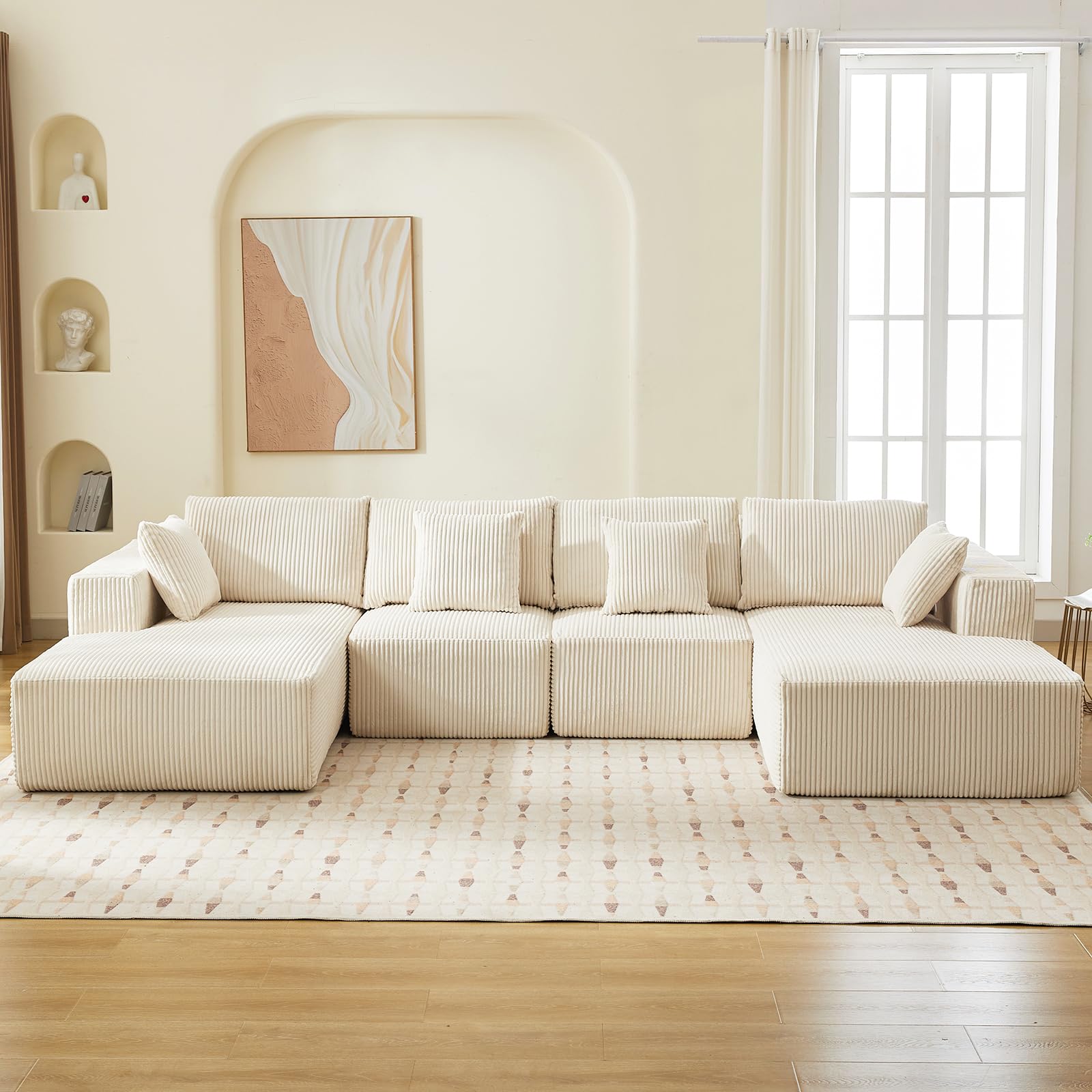 GARVEE 137 Modular Sectional Sofa - 4 Seater U-Shaped Convertible Sleeper Couch with Chaise Lounge | Cloud-Like Comfort, Corduroy Fabric, No Assembly Required | Perfect for Living Room, Bedroom & Small Apartments