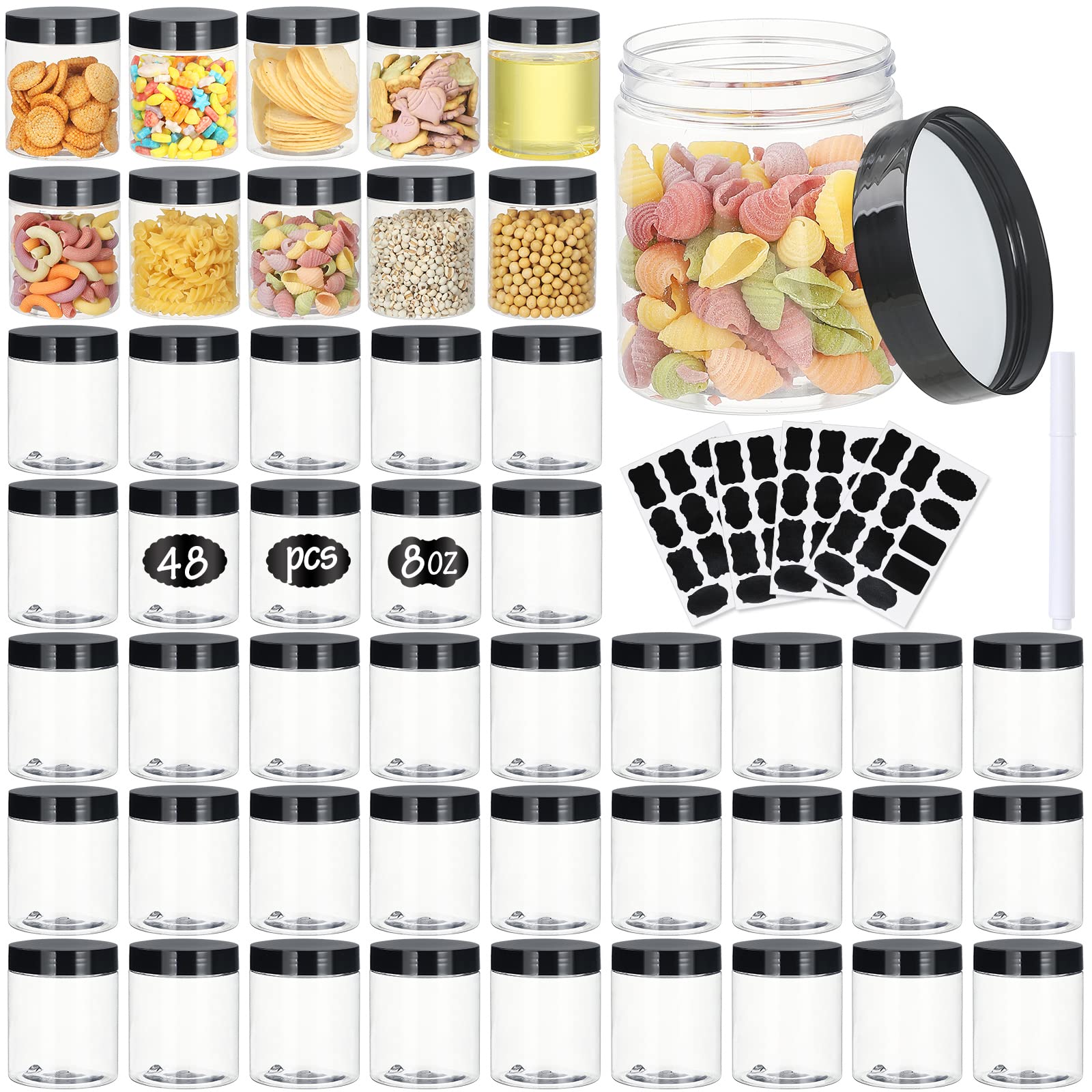 48-Pack 8 oz Plastic Jars with Lids - BPA Free Airtight Leakproof Food Storage Containers - Clear Refillable Small Jars for Dry Food, Honey, Jam, Makeup, Slime - Ideal for Kitchen Pantry, Bathroom Organization & Craft Supplies (8oz, Black)