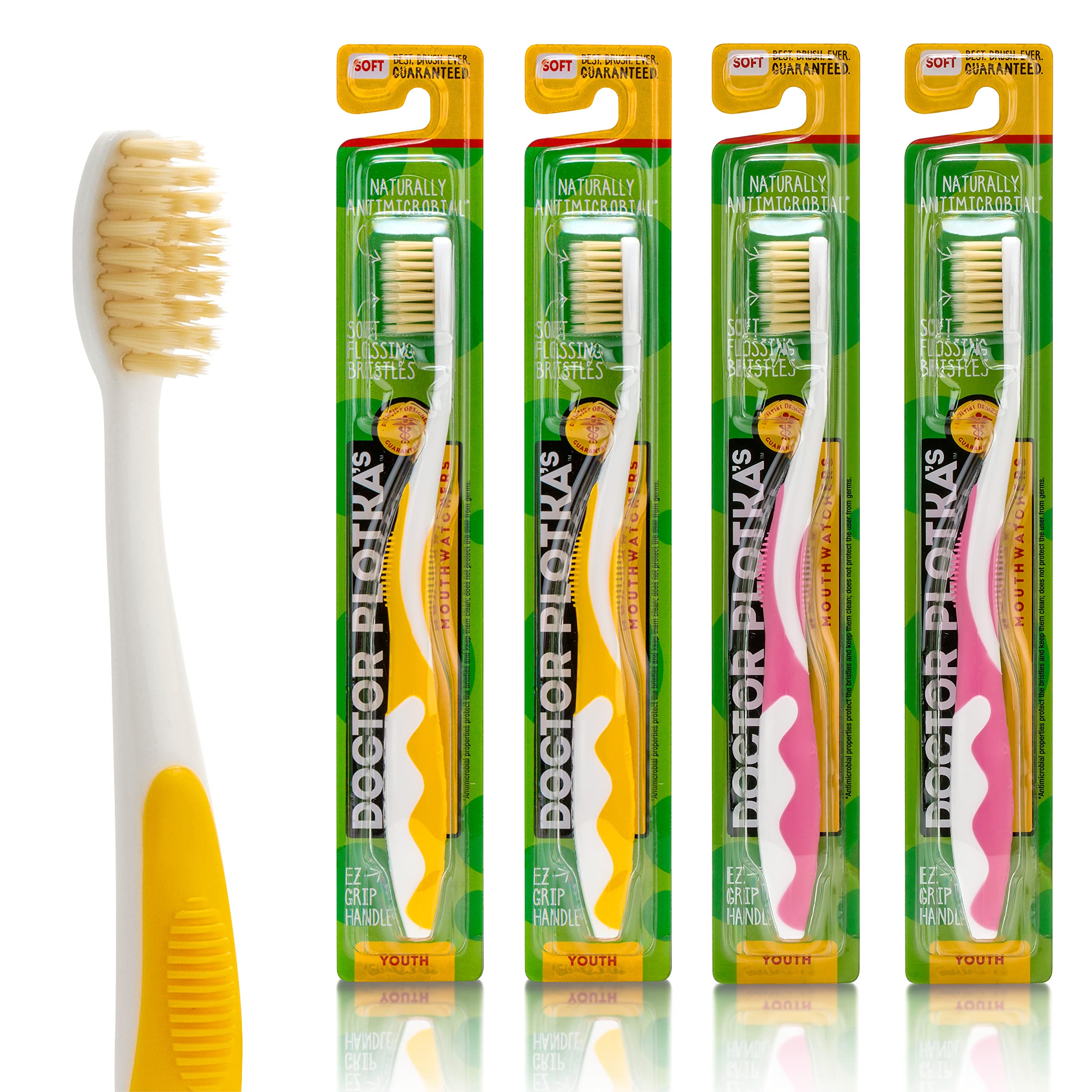 MOUTHWATCHERS Dr. Plotka's Extra Soft Kids Toothbrush Set - 4 Pack (2 Yellow, 2 Pink) | Ultra Clean Nano Bristles for Gentle Flossing & Plaque Removal | Perfect for Children's Daily Oral Care & Travel