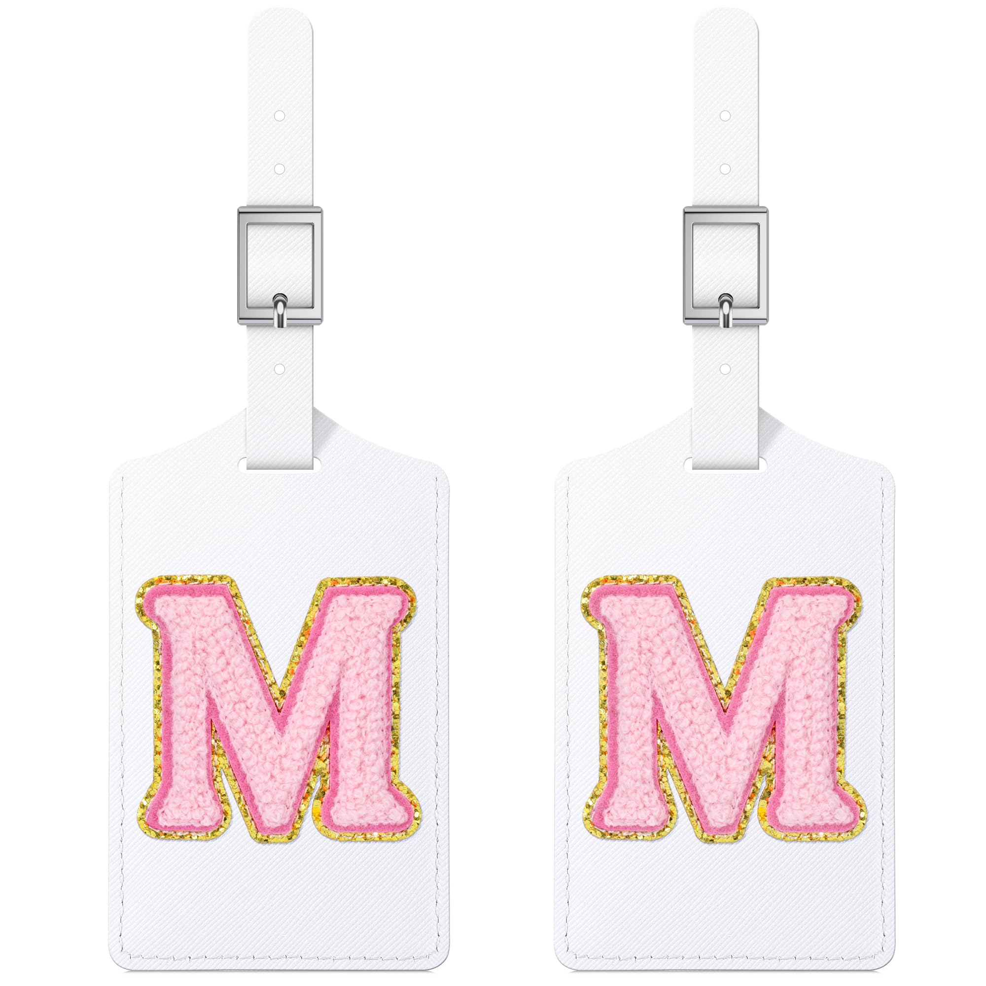Personalized Sodsay 2-Pack Initial Luggage Tags - Cute Embroidered Letter PU Leather Suitcase ID Tags with Privacy Cover for Travel (M, White Leather & Pink Letter) - Perfect for Women, Kids, Teens & Men - Ideal for Airports, Vacations & Business Trips