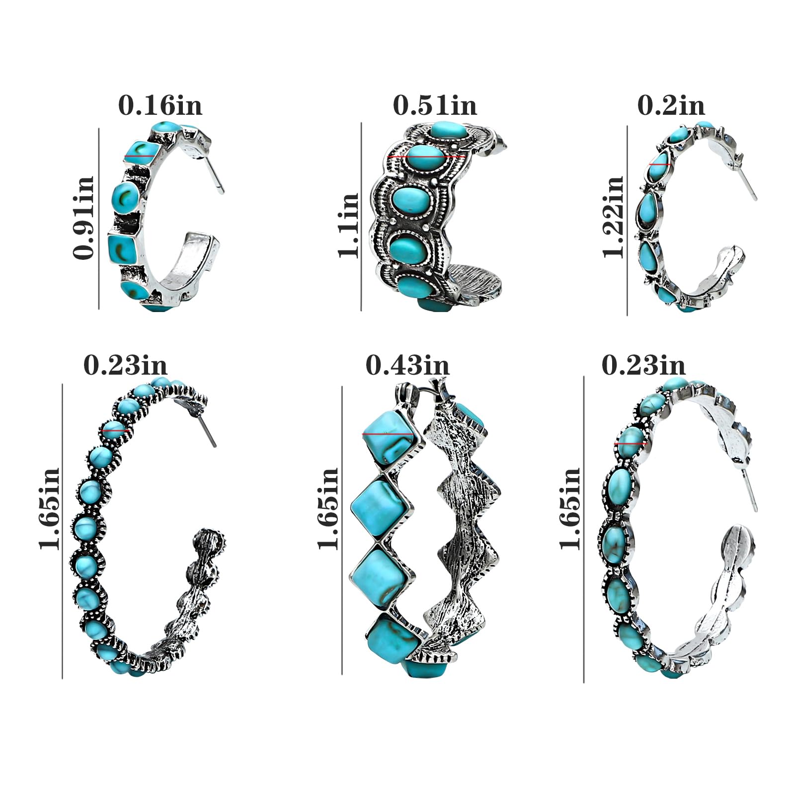 NEWITIN 6 Pairs Turquoise Hoop Earrings for Women - Hypoallergenic Bohemian Statement Jewelry, Oval Ethnic Western Earrings - Perfect for Boho Fashion, Casual Wear & Festival Outfits