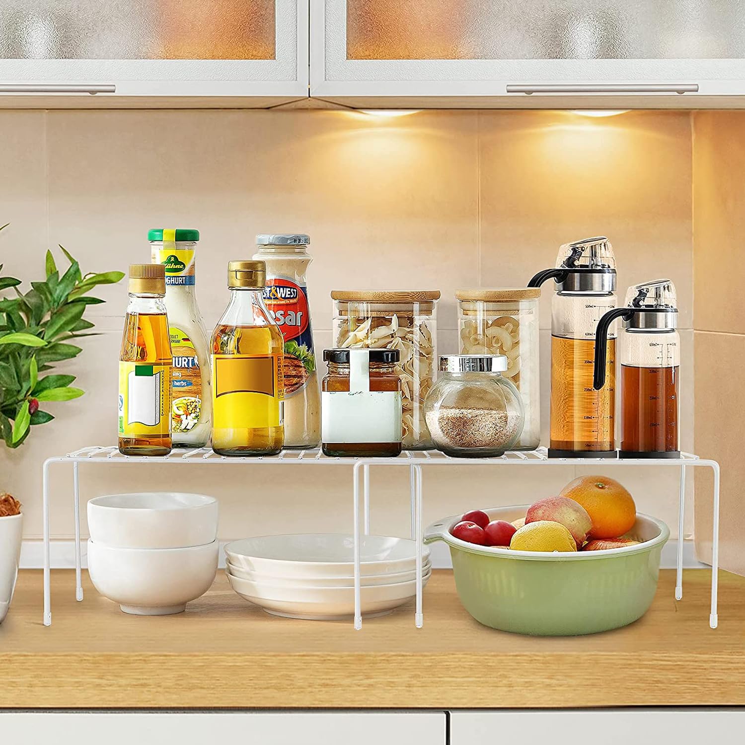 Expandable Cabinet Shelf Organizer - Adjustable Freezer & Pantry Organizer for Mugs, Plates & Spices - Space Saving Kitchen Storage Rack with Scratch-Resistant Feet - Perfect for Cabinet, Pantry & Refrigerator Organization