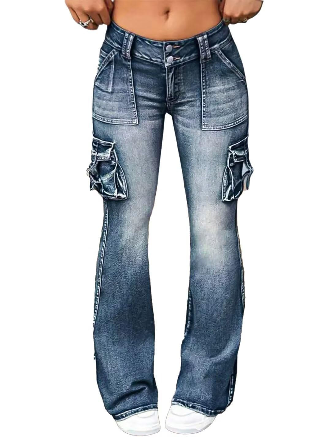 Flamingals Women's High Waist Cargo Jeans - Wide Leg Butt Lifting Flare Pants with Flap Pockets | Y2K Denim Fashion for Casual Wear, Street Style & Retro Outfits