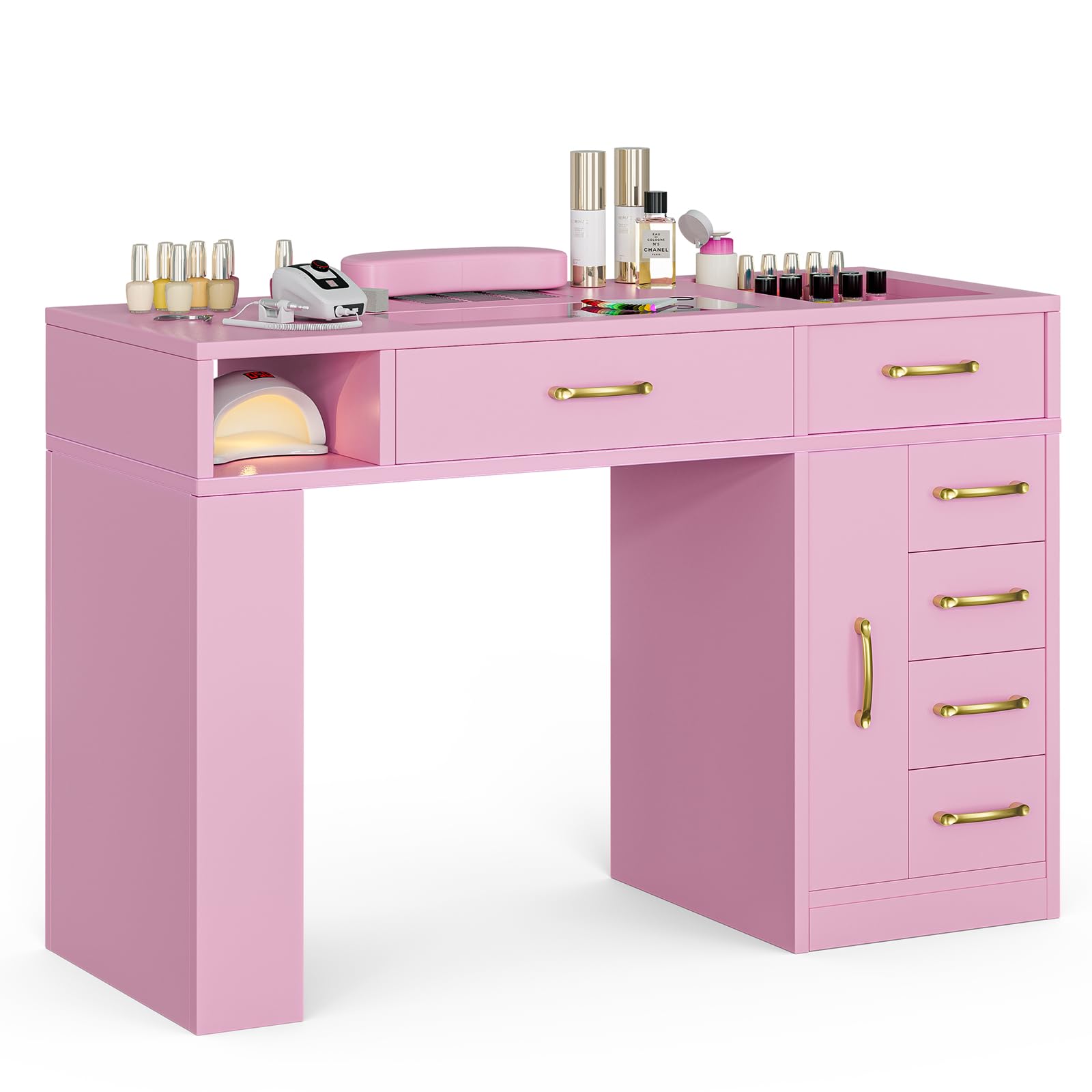Professional Manicure Table Nail Station for Nail Technicians - Glass Top Nail Table with Electric Dust Collector, 7 Drawers & 3-Tier Shelves - Nail Salon Workstation with Wrist Cushion & Golden Handles (Pink) - Perfect for Nail Salons, Home Studios & Professional Nail Artists
