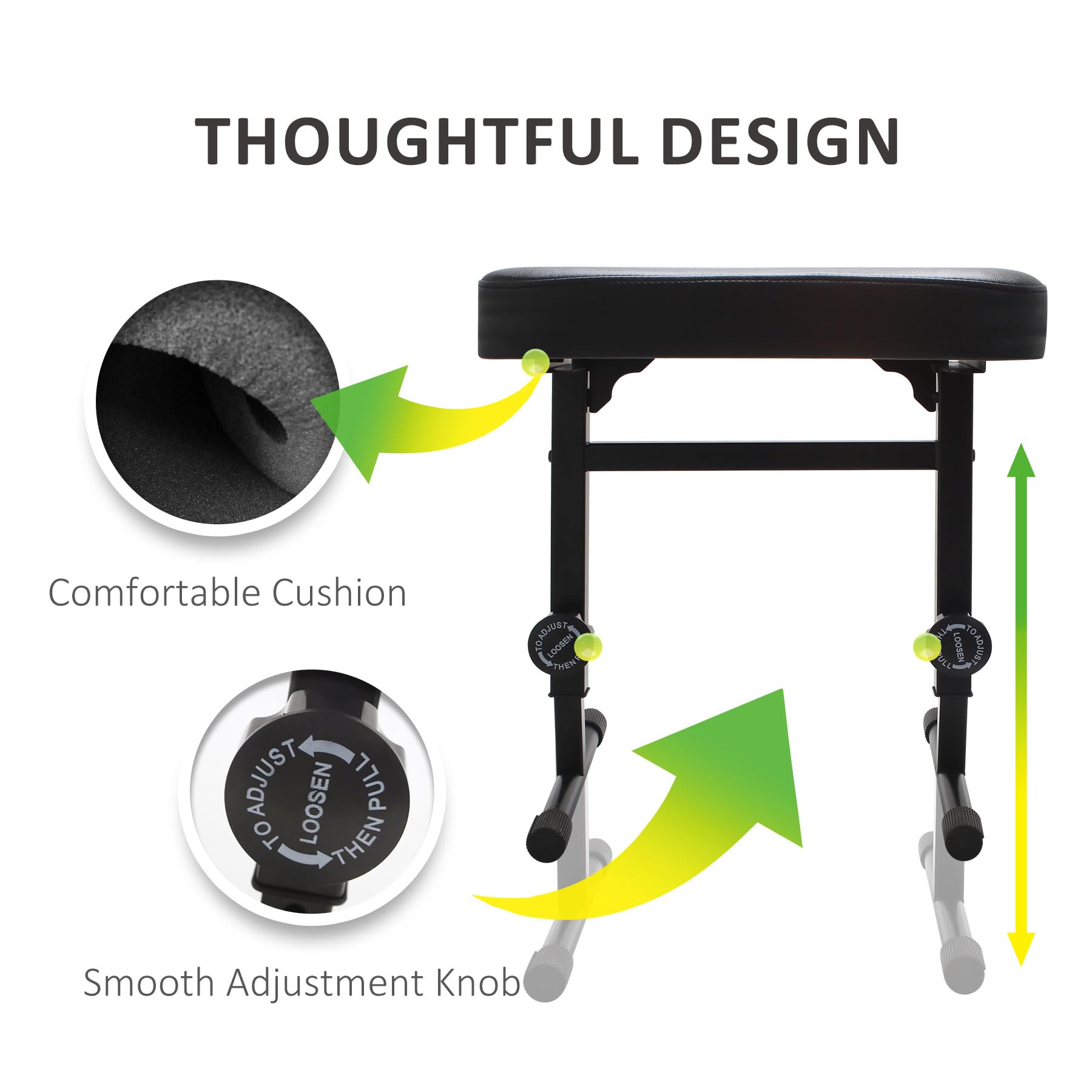 Adjustable Piano Bench Stool with Black Padded Cushion - Comfortable Keyboard Stand Seat for Musicians & Pianists (PU Leather) - Perfect for Home, Studio & Music Classrooms