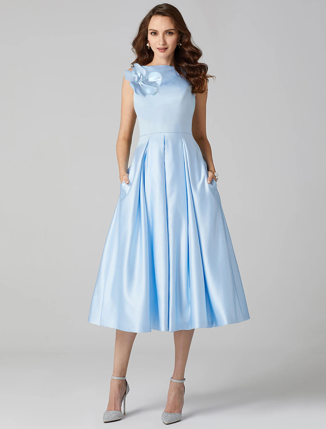 Elegant A-Line Cocktail Party Dress - Sleeveless Satin Formal Tea-Length Dress with Pleats, Jewel Neckline & Shoulder Flower Detail - Perfect for Weddings, Proms & Evening Events
