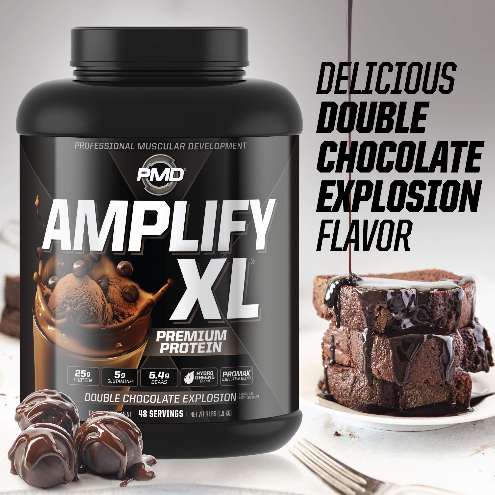 PMD Sports Amplify XL Premium Whey Protein Powder with Hydro Greens Blend - Glutamine & Whey Protein Matrix for Muscle Growth, Strength & Recovery - Superfood Enriched Double Chocolate Flavor (48 Servings) - Ideal for Post-Workout Shakes, Smoothies & Meal Replacement