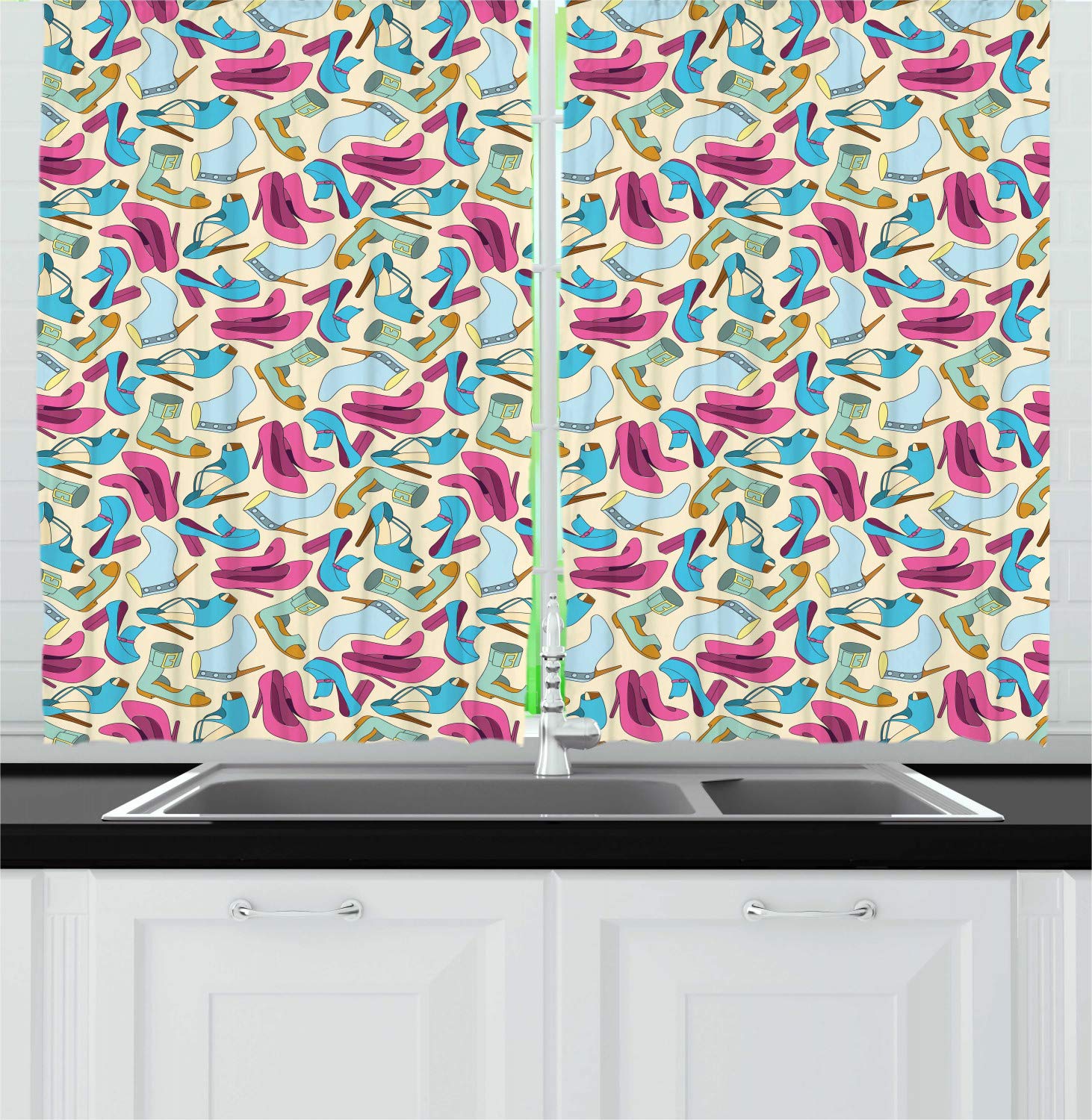 Ambesonne Fashion Kitchen Curtains - Colorful Feminine Doodle Print with Repeating Women's Shoes Pattern, 2-Panel Window Drapes for Kitchen & Cafe Decor, 55 x 39 Inches, Multicolor - Perfect for Boho Chic Home, Coffee Shop & Retro Style Interior Design