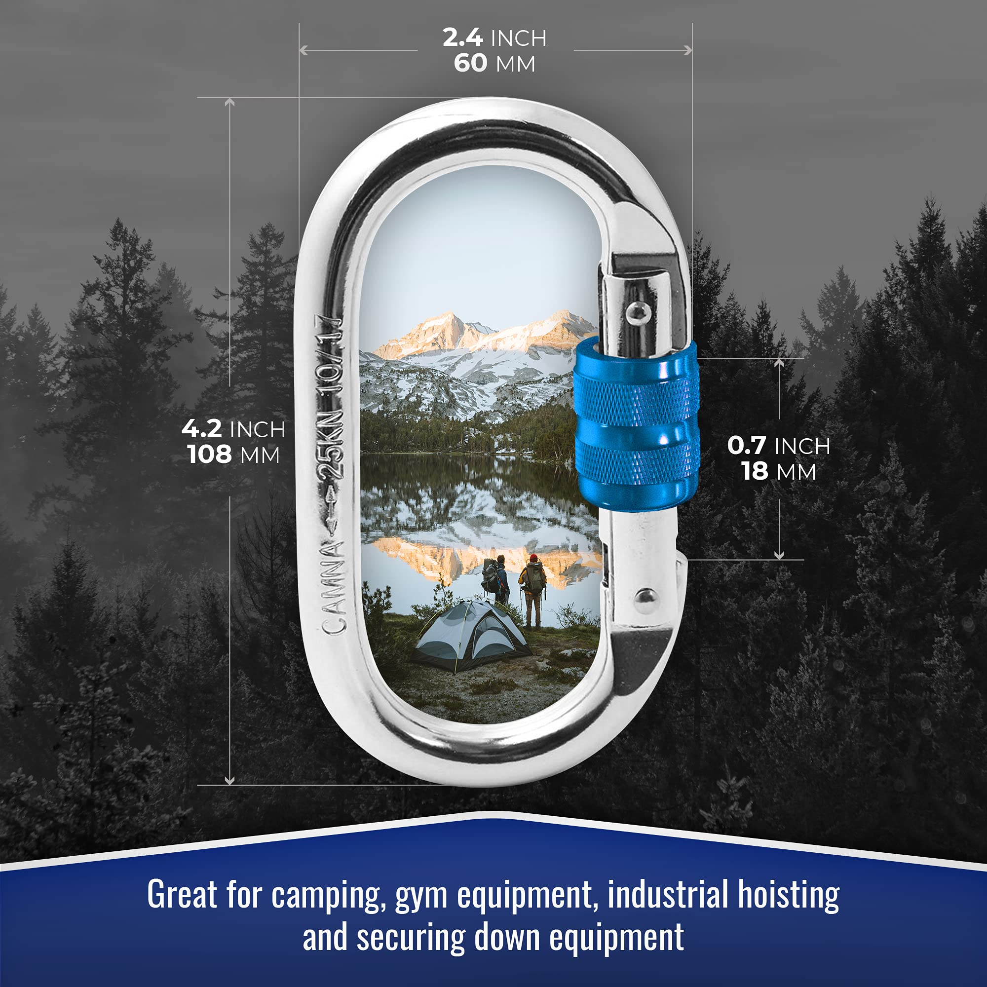 UIAA Certified 25kN (5620LB) Heavy Duty Steel Carabiner Clip - Screw Lock Oval-Shape for Rock Climbing, Hiking, Camping & Hammocks - Durable Safety Hook for Outdoor Gear & Equipment
